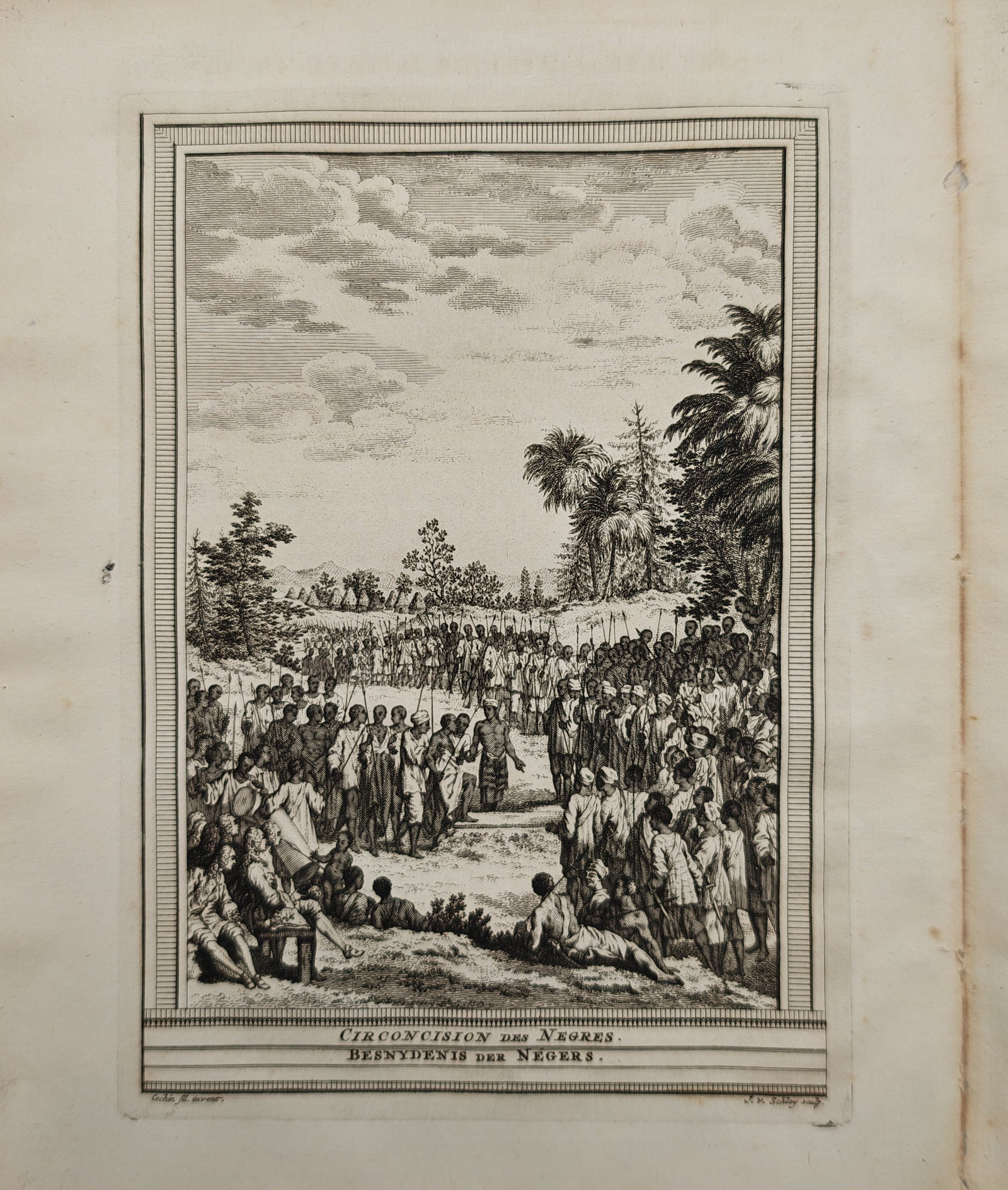 Jacob van der Schley – Traditional African Circumcision Ceremony – Engraving (18th Century): "Circumcision of the Africans" presents an expansive ethnographic gathering showing community elders, initiates, and armed villagers assembling in an outdoor landscape for a traditional rite of passag