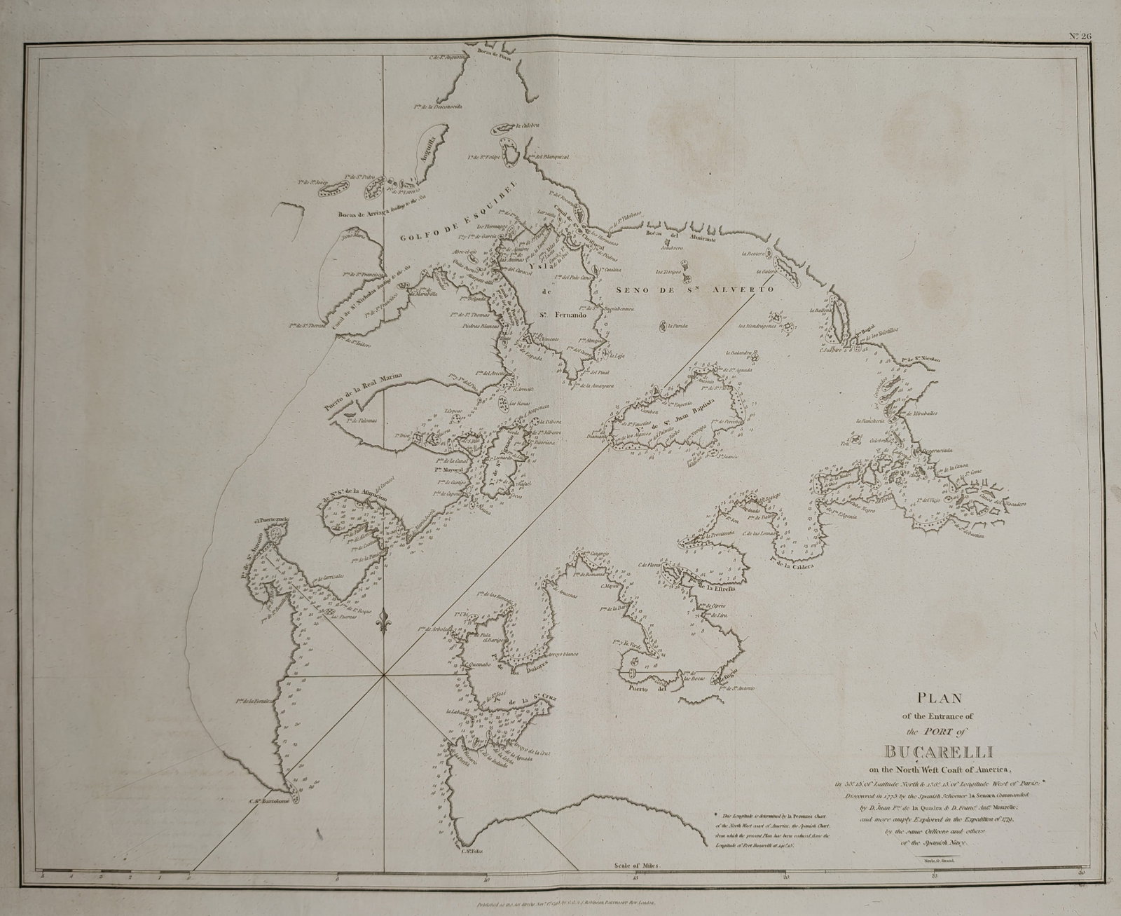Jean-François de Galaup, comte de La Pérouse – Map of the Port of Bucarelli – Engraving: "Plan of the Entrance of the Port of Bucarelli" presents a nautical coastal chart detailing the intricate inlets, islands, soundings, and navigational rhumb lines along the northwest coast of America 
