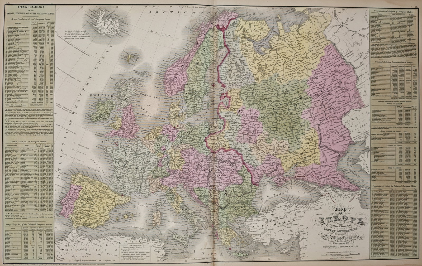 Thomas Cowperthwait – Map of Europe – Engraving (1854): "Map of Europe" presents an expansive geographical overview of the European continent detailing national borders, regional divisions, major cities, transport networks, and extensive statistical tables