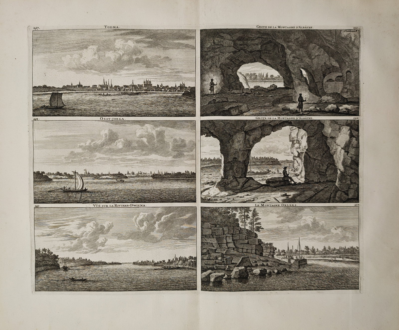 Cornelis de Bruijn – Topographical Views and Cave Landscapes of Russia – Engraving (18th: "Views of Russian Towns, Caves, and the Northern Dvina River" presents a multi-panel topographical compendium illustrating distant town panoramas along riverbanks, subterranean grotto formations with 