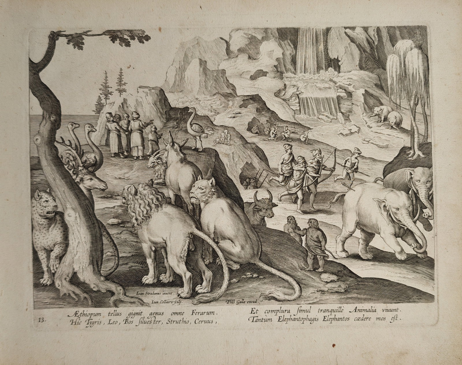 Philip Galle – Wild Beasts and Elephant Hunters of Ethiopia – Engraving (16th Century): "The Land of the Ethiopians Produces Every Kind of Wild Beast" presents an allegorical wildlife and hunting scene depicting lions, leopards, ostriches, and elephants gathered peacefully in a mountaino