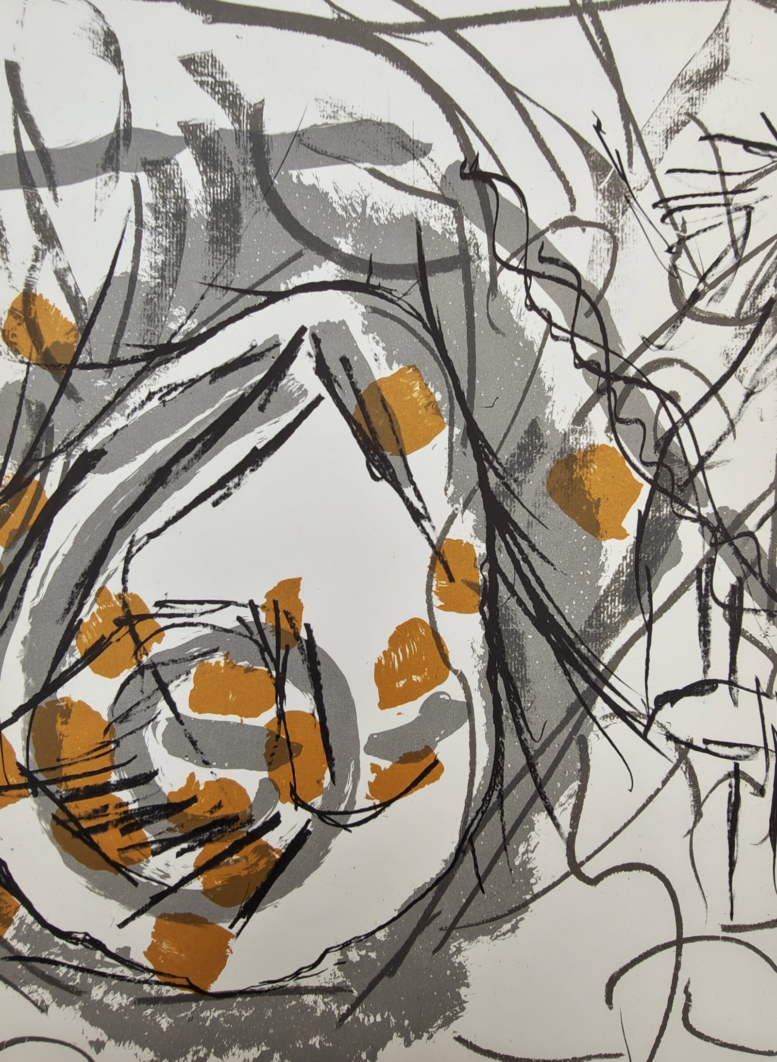 Jean-Paul Riopelle,after – Abstract Composition with Ochre and Grey Swirls – Offset print: "Abstract Composition" presents a dynamic lyrical abstraction characterized by sweeping gestural lines, layered grey brushwork, and vivid ochre square accents forming an energetic vortex. The offset p