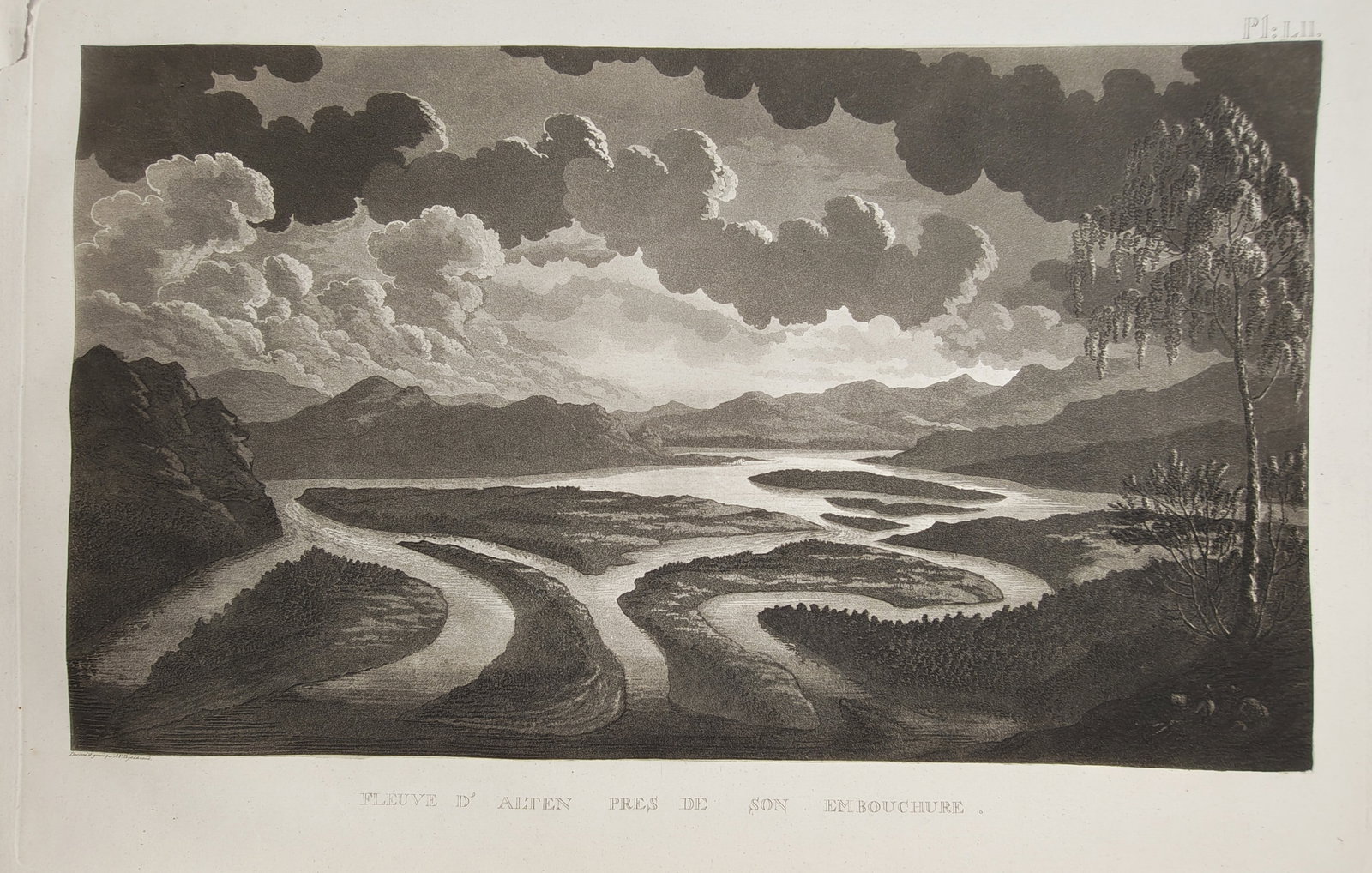 Anders Fredrik Skjöldebrand – Topographical View of the Alten River near Its Mouth – Aquatint: "Alten River near Its Mouth" presents a dramatic Scandinavian landscape study illustrating the meandering channels and delta of the Alta River beneath towering clouds and rugged northern mountains. Th