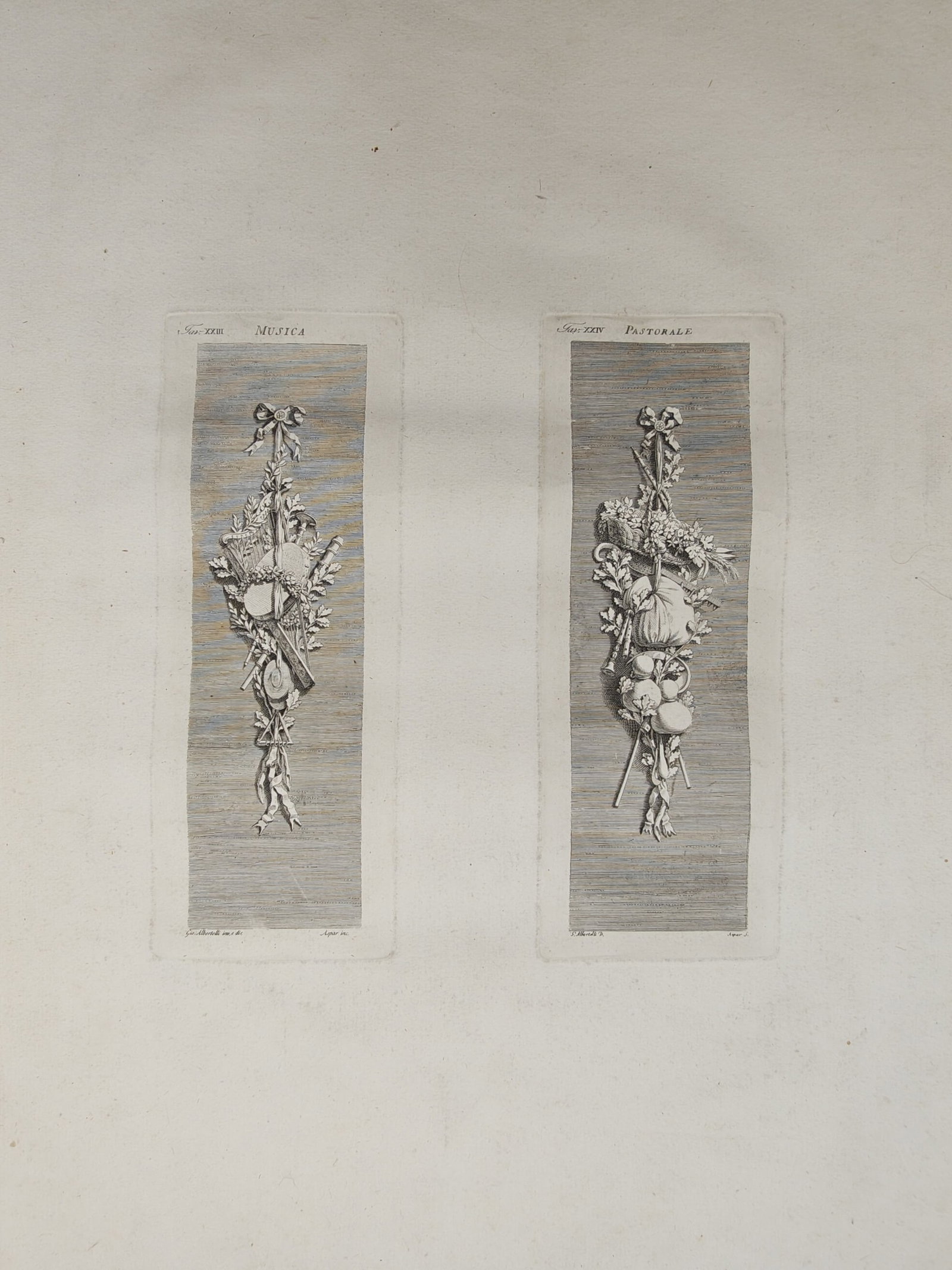 Giocondo Albertolli – Neoclassical Vertical Trophies of Music and Pastoral Life – Engraving: "Music and Pastoral" presents a pair of elegant Neoclassical vertical ornamental drops composed of ribbons, foliage, musical instruments, and rustic harvesting motifs. The copperplate engraving was pu