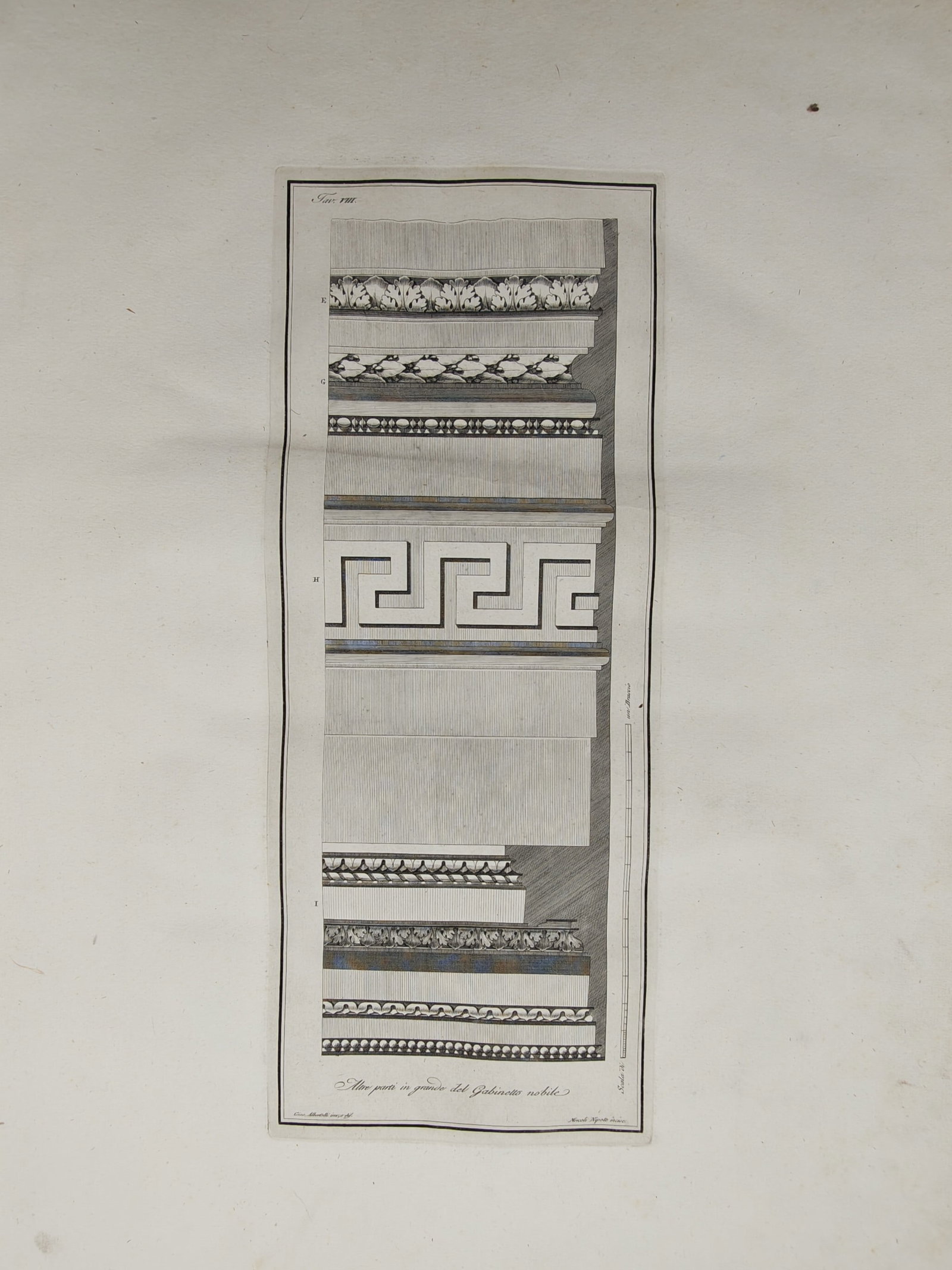 Giocondo Albertolli – Neoclassical Architectural Cornice and Frieze Details – Engraving (1782): "Other Large-Scale Details of the Noble Cabinet" presents a detailed architectural study illustrating classical moldings, acanthus leaf friezes, bead-and-reel bands, and a prominent Greek key meander.