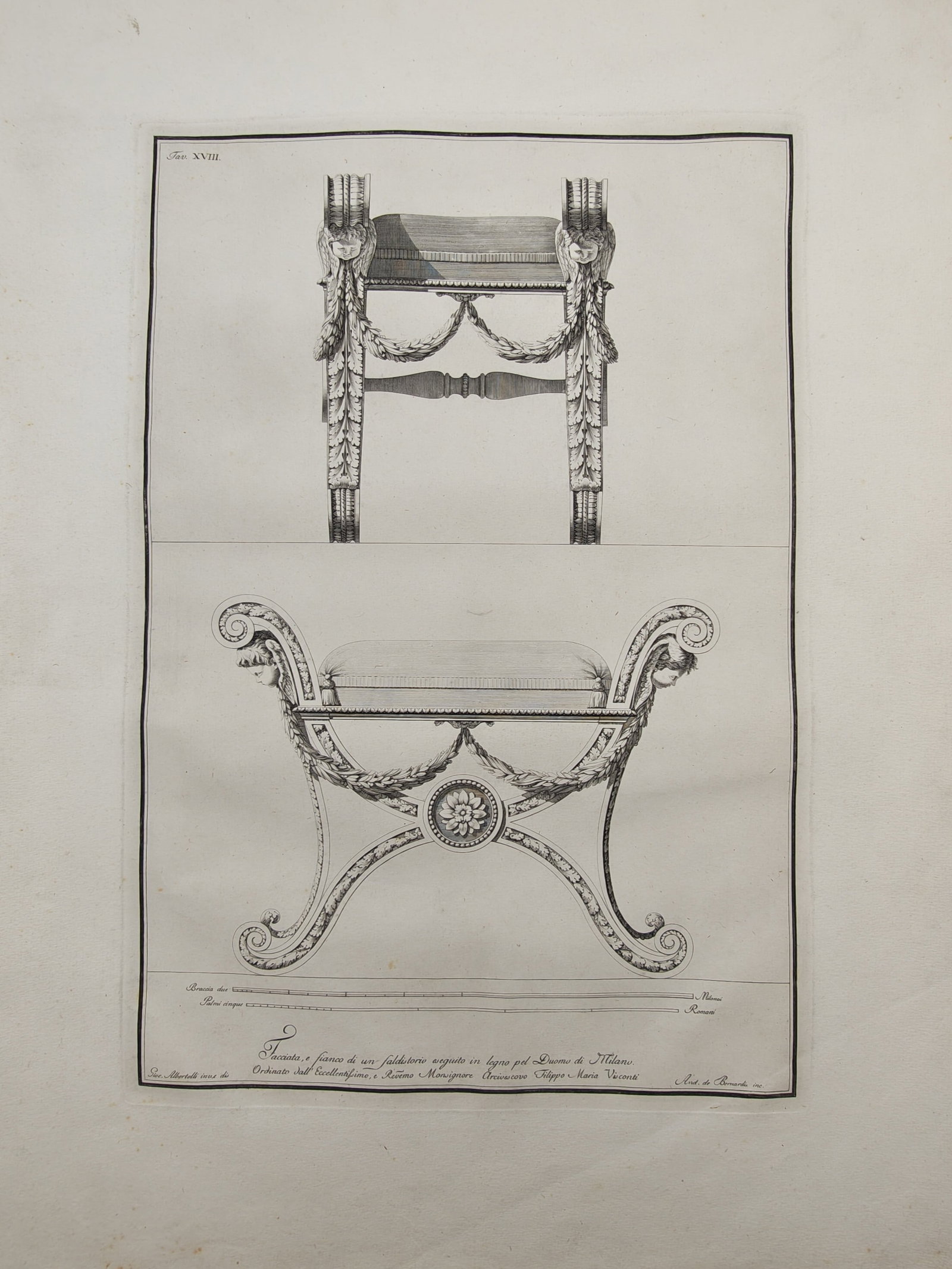 Giocondo Albertolli – Neoclassical Front and Profile Designs for a Faldstool – Engraving (1782) (1 of 2)