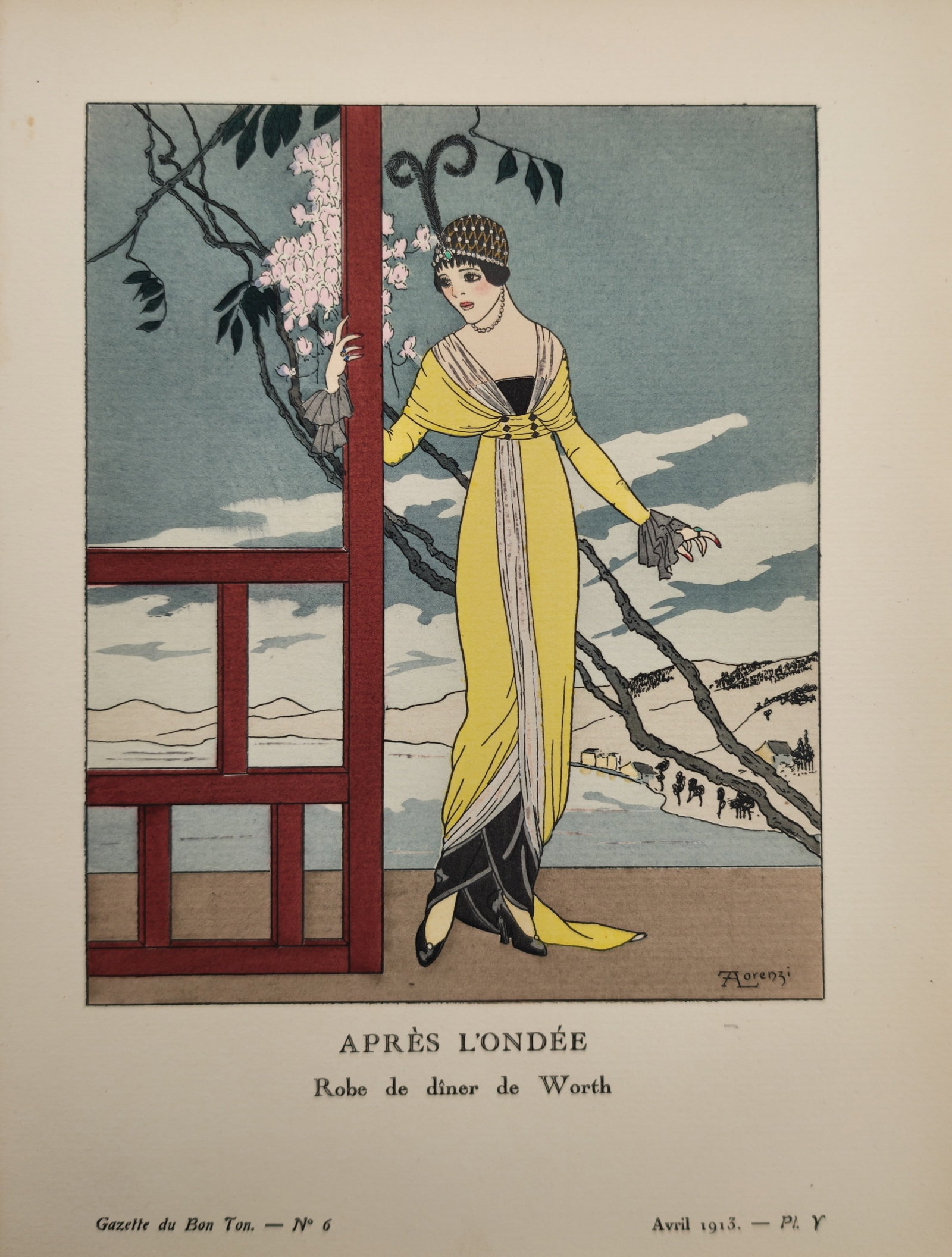 Alberto Fabio Lorenzi – Elegant Dinner Dress by Worth After the Shower – Pochoir print (1913): "After the Shower: Dinner Dress by Worth" depicts a fashionable woman in an elegant draped evening gown standing beside an architectural garden trellis against an open landscape following a rain showe