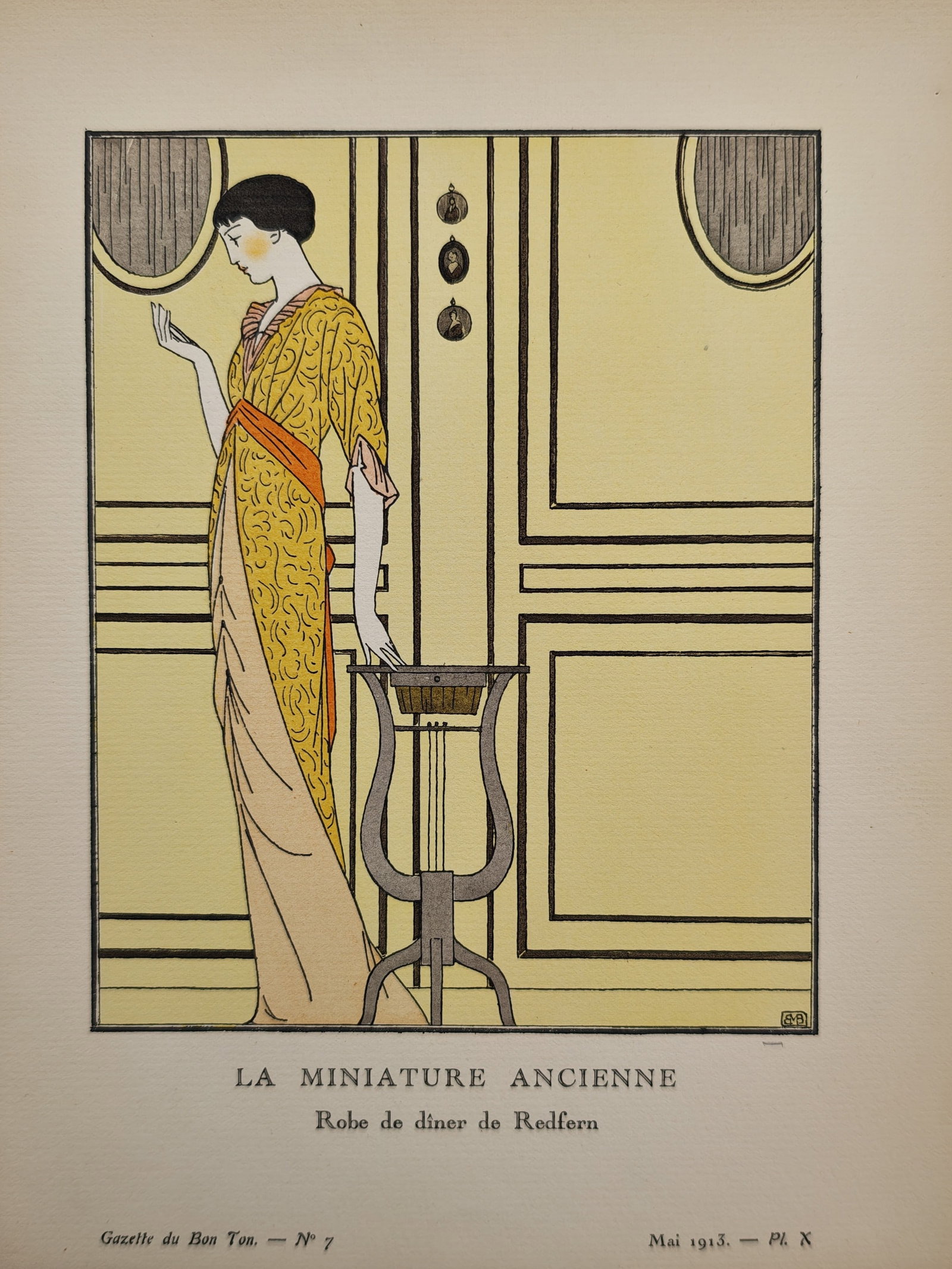Bernard Boutet de Monvel – The Antique Miniature: Dinner Dress by Redfern – Pochoir print (1913) (1 of 2)