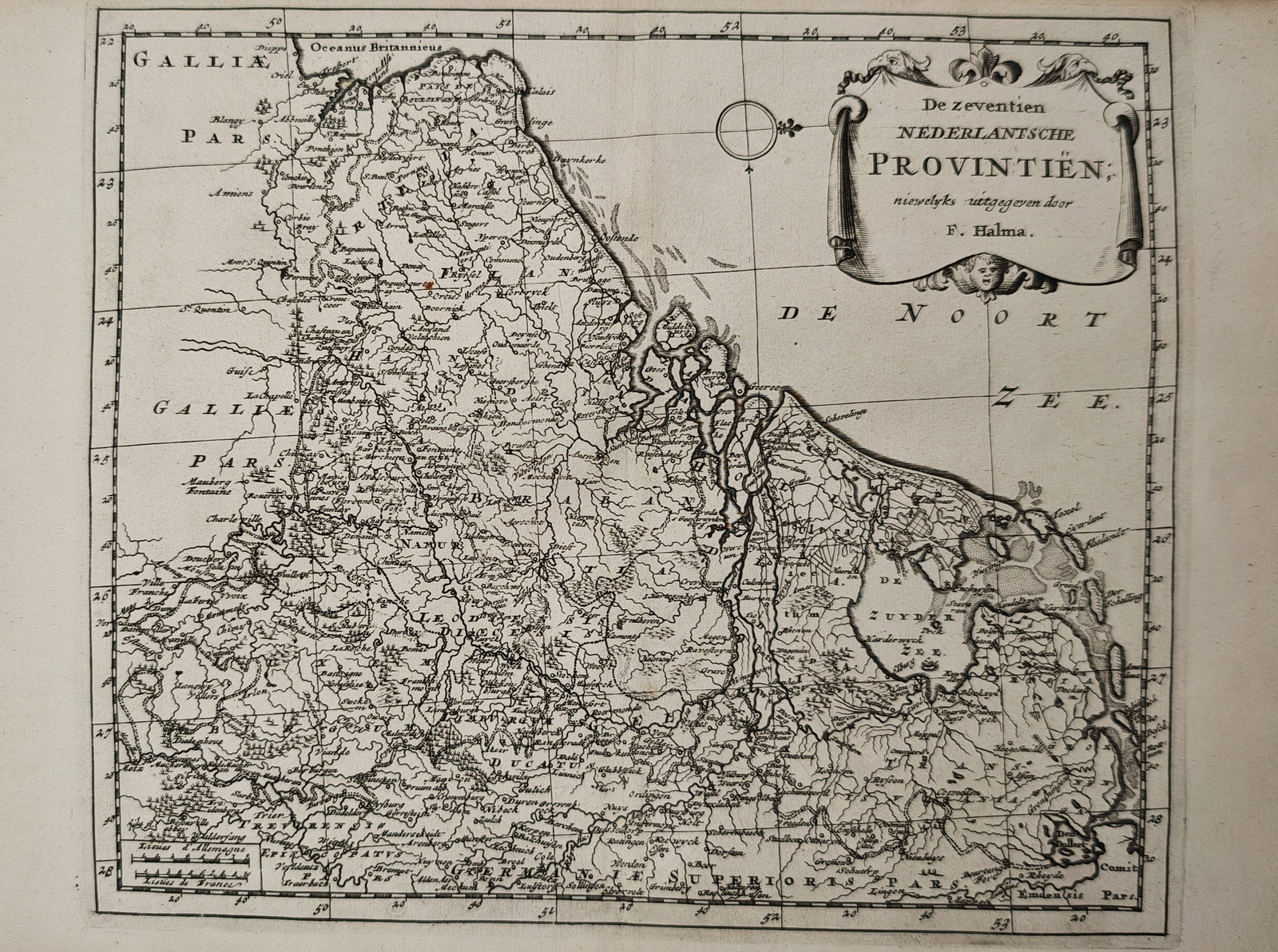 François Halma – Map of The Seventeen Dutch Provinces – Netherlands – Engraving (18th: "The Seventeen Dutch Provinces" depicts a historical cartographic representation of the Low Countries oriented with west at the top, showing coastlines along the North Sea, river systems, provincial b