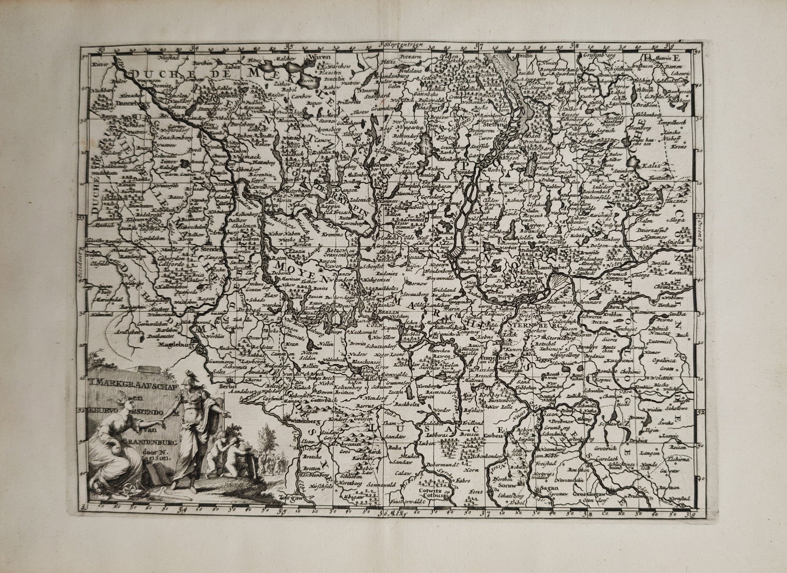 Nicolas Sanson – Map of the Margraviate of Brandenburg – Germany – Engraving (17th Century): "Margraviate of Brandenburg" depicts a historical cartographic representation of the Brandenburg region, illustrating regional divisions, river networks, settlements, and borders with neighboring Germ