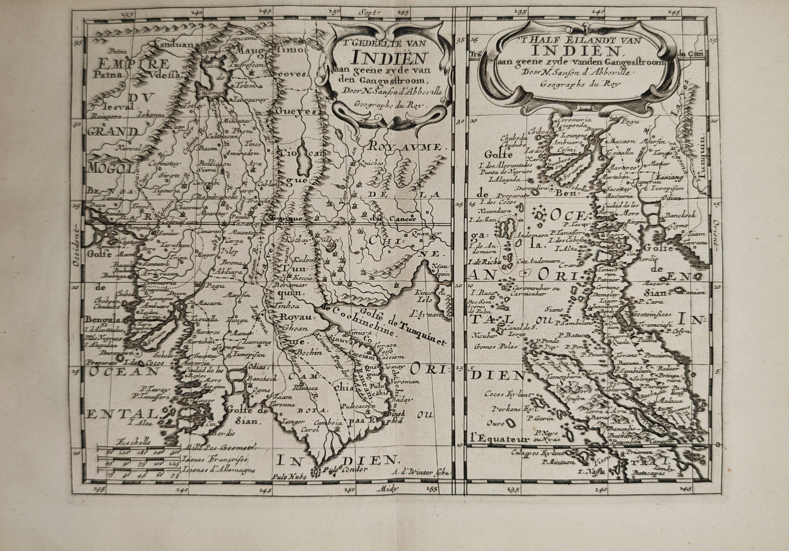 Nicolas Sanson – Map of India Beyond the Ganges and Southeast Asia – Southeast Asia –: "Part of India Beyond the Ganges River and the Peninsula of India" depicts a historical cartographic representation of Southeast Asia and Indochina divided into two conjoined map sections, showing coa