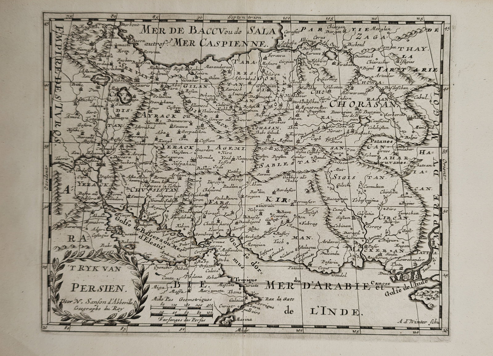 Nicolas Sanson – Map of the Kingdom of Persia – Middle East – Engraving (17th Century): "The Kingdom of Persia" depicts a historical cartographic representation of the Persian Safavid Empire, extending from the Caspian Sea and the Ottoman frontier to the Persian Gulf, Arabian Sea, and Mu