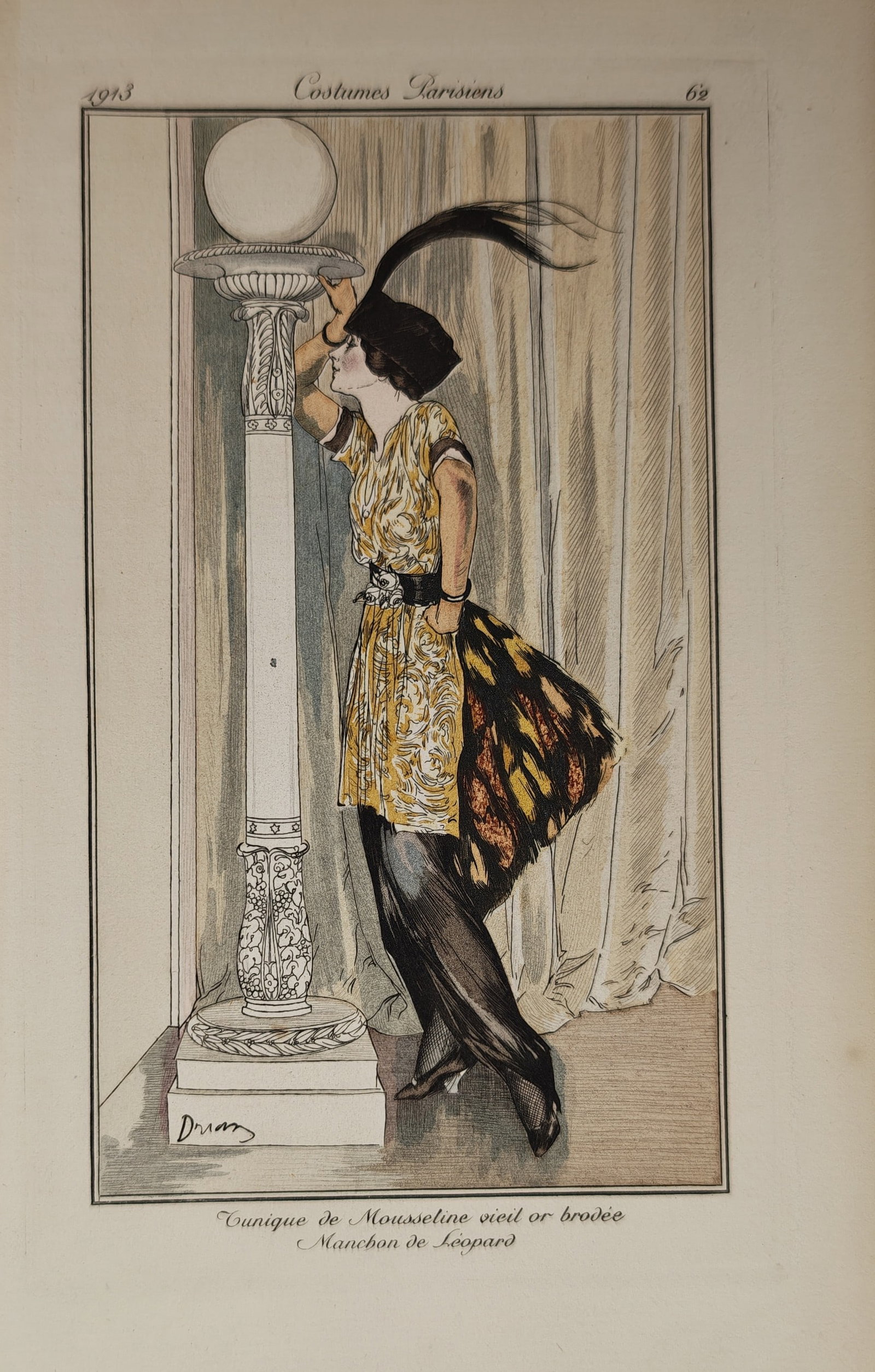 Adrien Étienne Drian – Embroidered Antique Gold Muslin Tunic and Leopard Muff – Pochoir print (1 of 2)