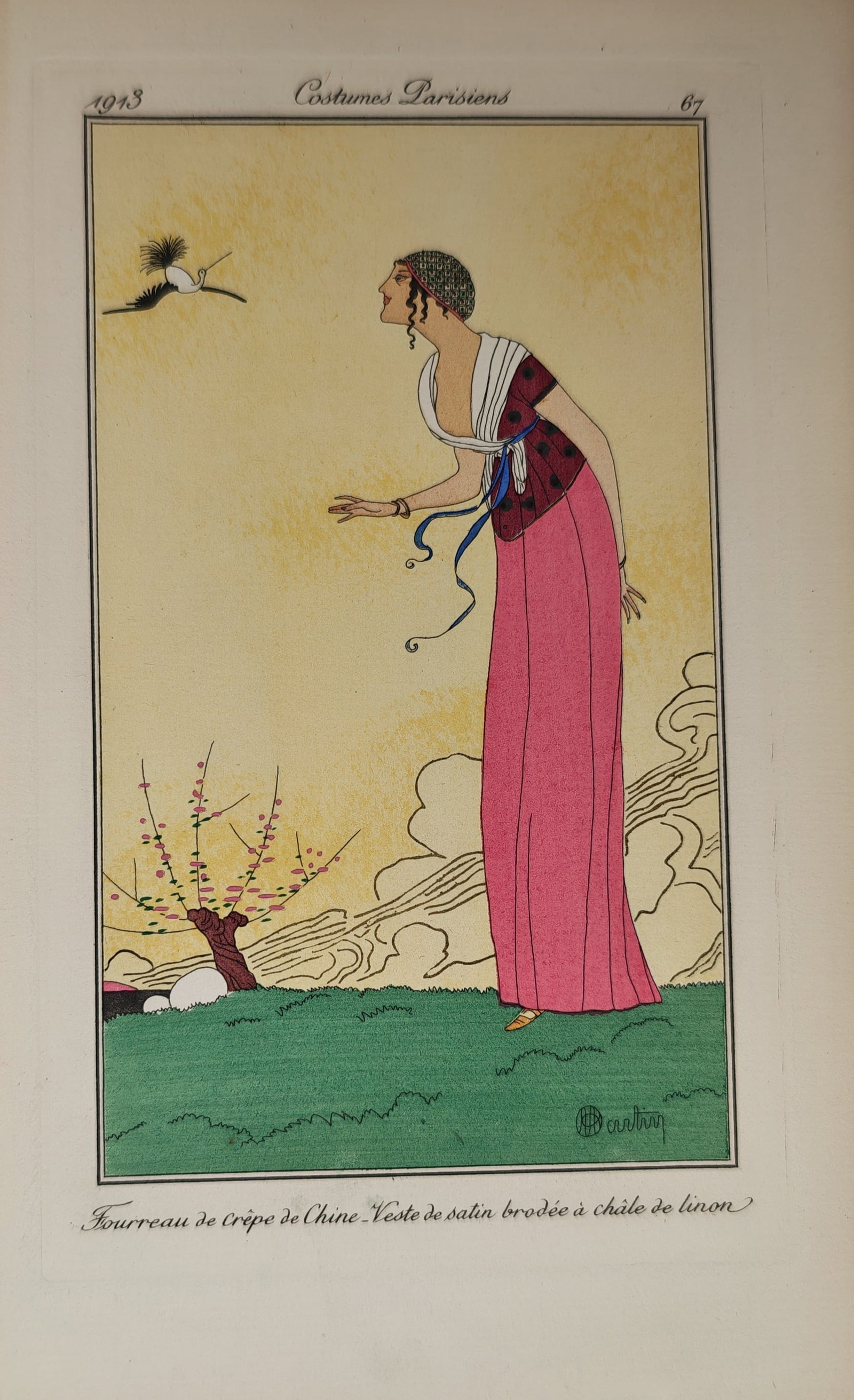 Charles Martin – Sheath Dress of Crepe de Chine, Embroidered Satin Vest – Pochoir print (1913) (1 of 2)