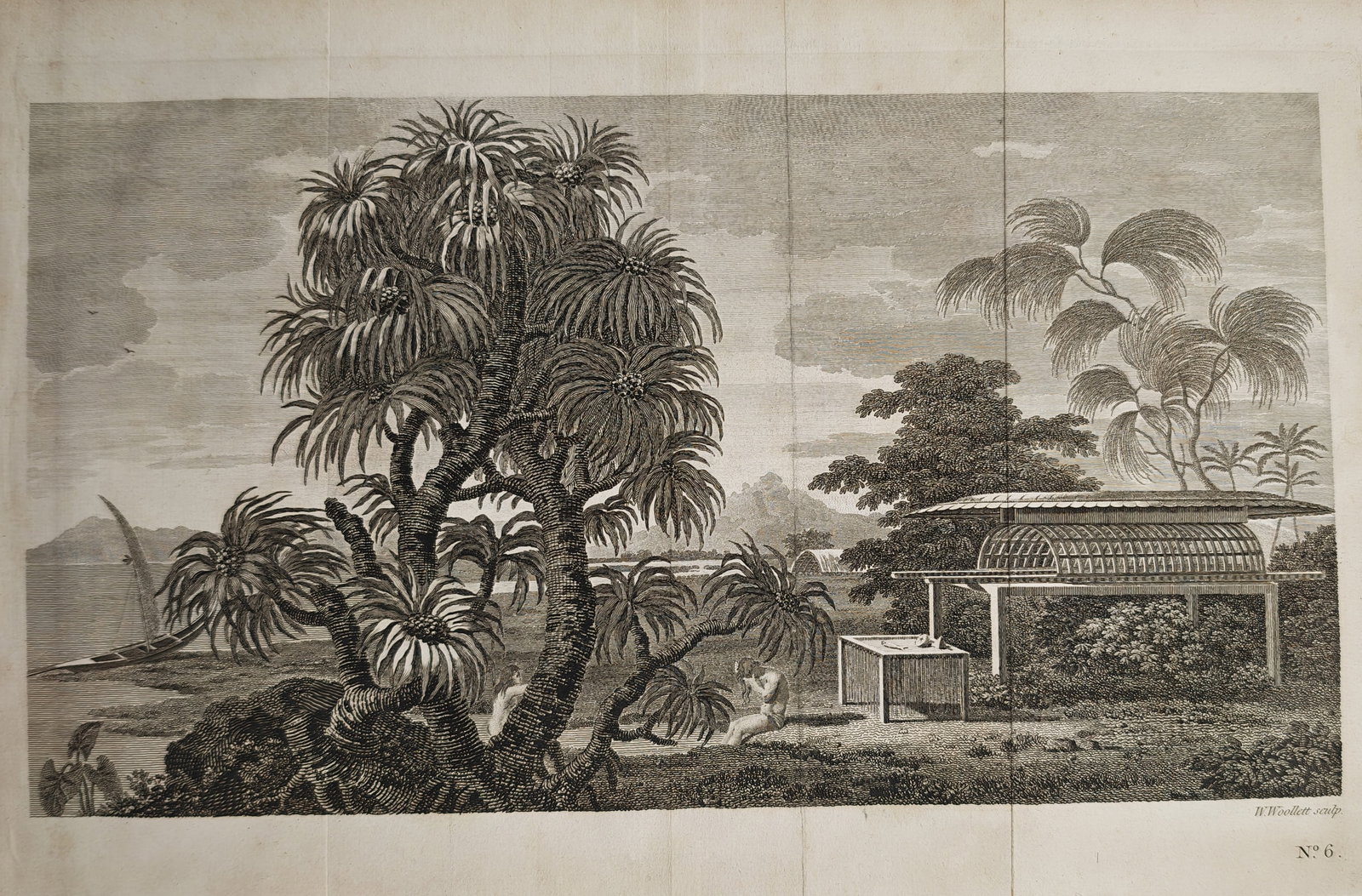 John Hawkesworth – View of the Island of Huahine with the House of God – Engraving (1773): "A View in the Island of Huaheine, with the Ewharra no Eatua or House of God" depicts a landscape of the Society Islands featuring native screwpine trees, traditional sacred structures, and coastal sc