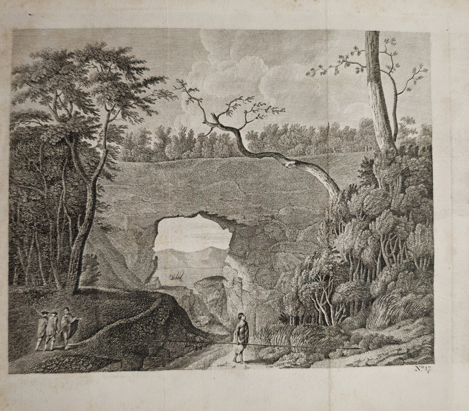 John Hawkesworth – View of the Natural Arch in Tolaga Bay, New Zealand – Engraving (1773): "A View of an Arched Rock on the Coast of New Zealand" depicts a dramatic coastal landscape showing a massive natural stone formation with figures walking along the foreground pathway near lush vegeta