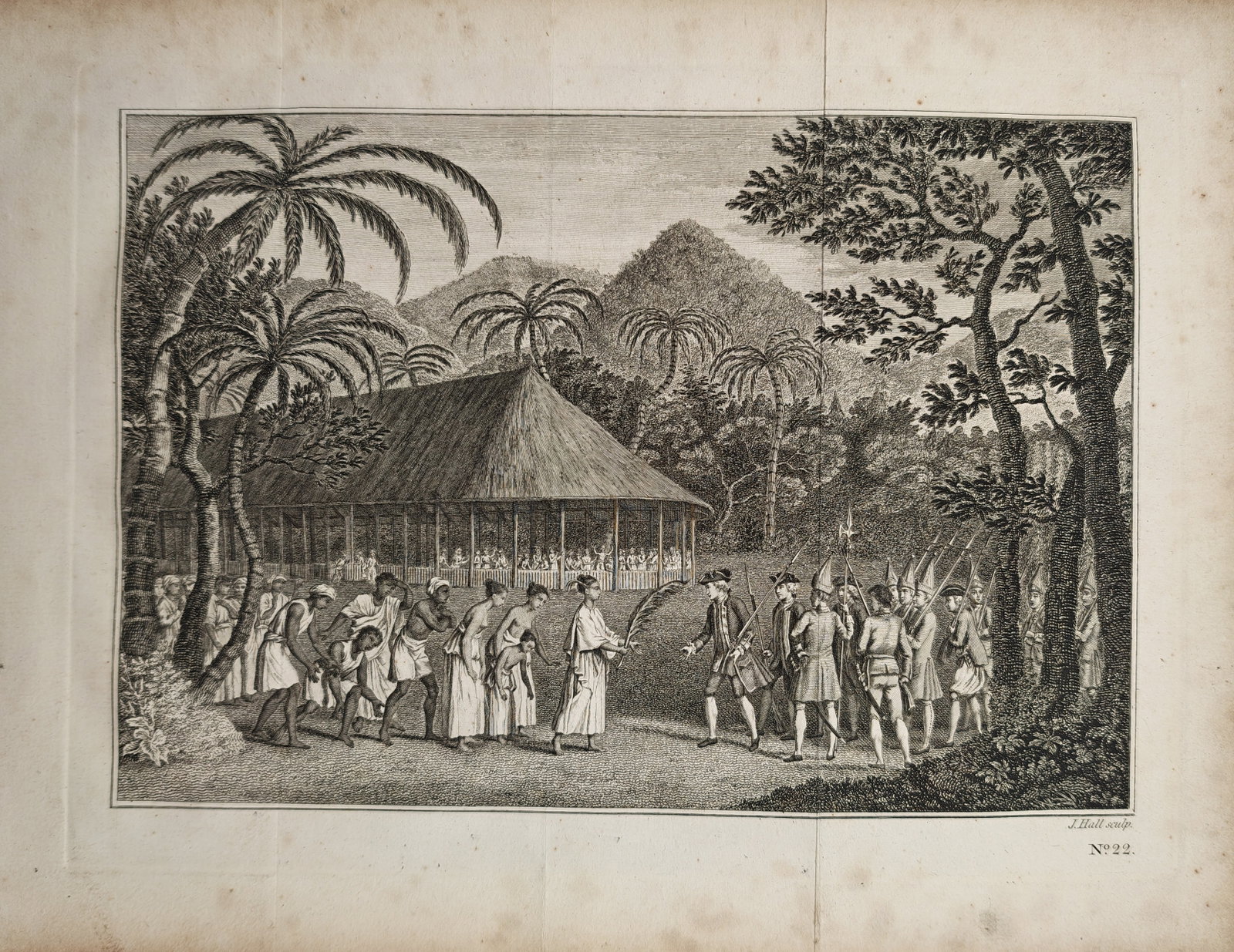 John Hawkesworth – Captain Cook's Interview with the King of Savu – Engraving (1773): "The Interview of Captain Cook with the King of Savu" depicts a historical exploration scene showing British naval officers and armed marines meeting with local leaders and an indigenous gathering bef