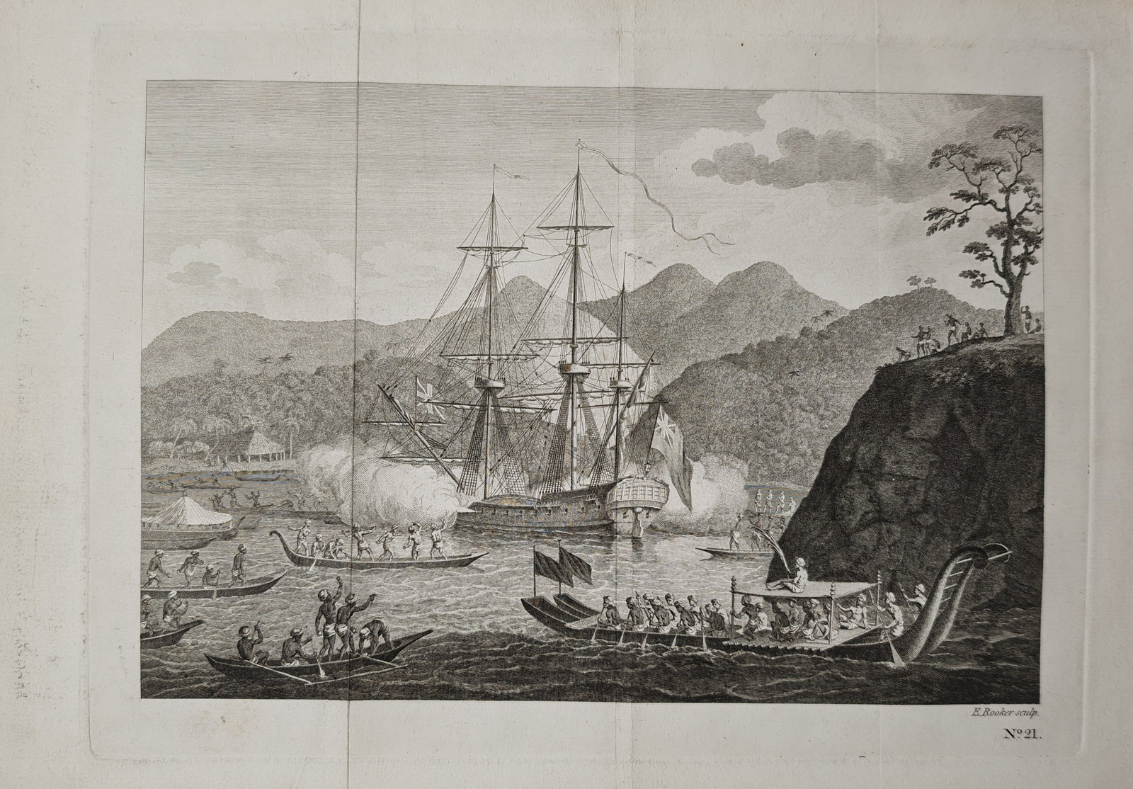 John Hawkesworth – The Dolphin Attacked by the Natives of Tahiti – Engraving (1773) (1 of 2)
