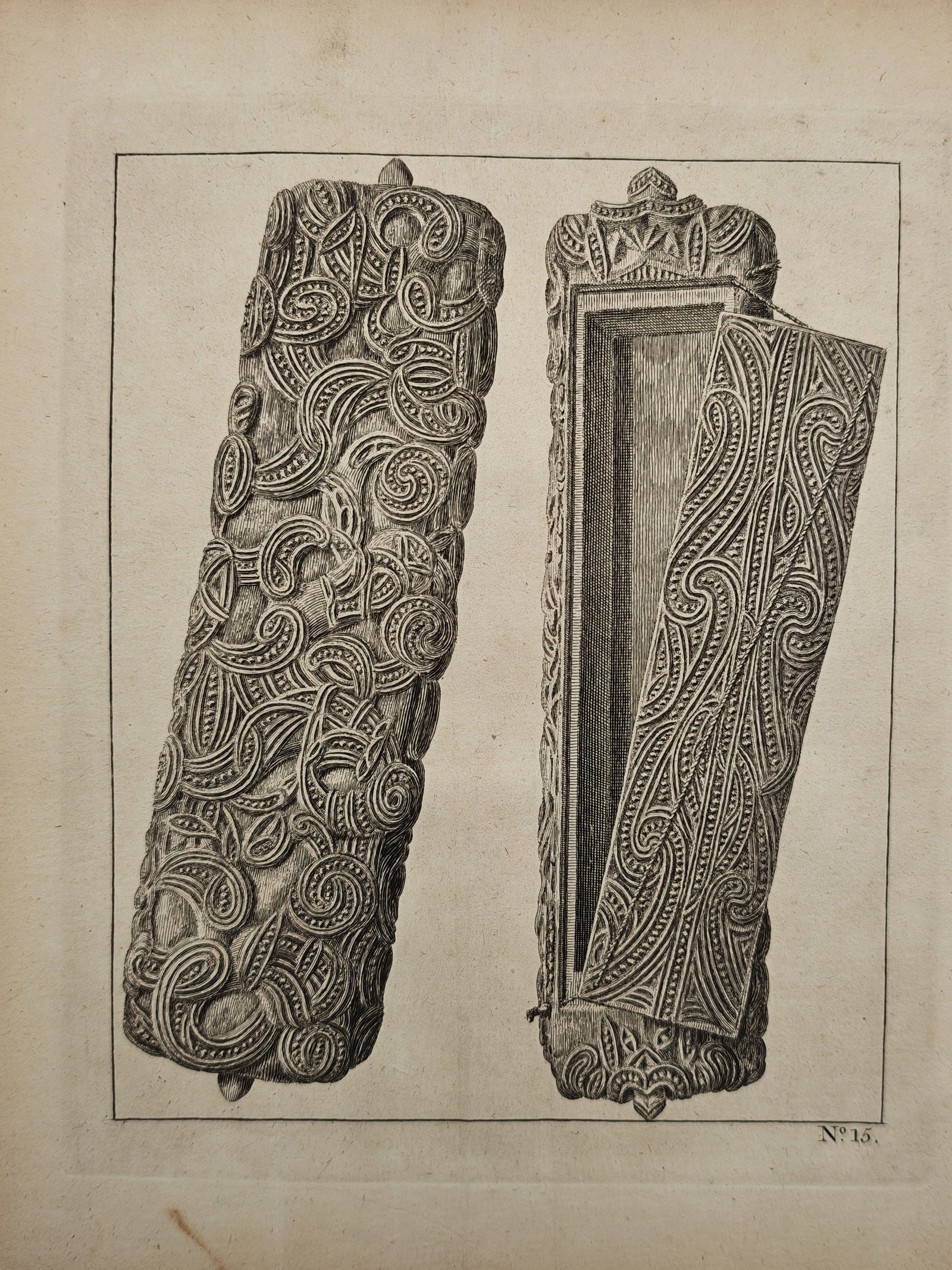 John Hawkesworth – Carved Box from New Zealand – Engraving (1773): "A Carved Box from New Zealand" depicts an ethnographic study showing the intricate surface carvings, spiral patterns, and interior construction of a traditional Maori wooden treasure box. The eightee