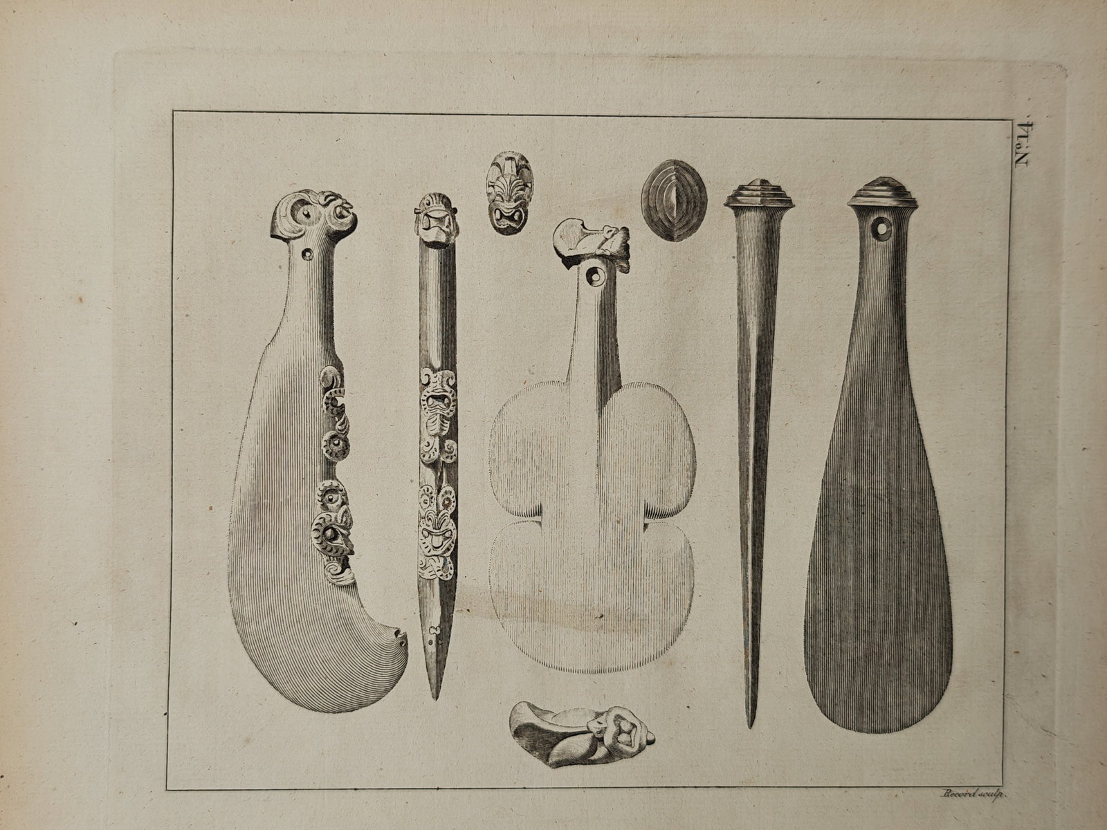 John Hawkesworth – Carved Weapons and Implements from New Zealand – Engraving (1773) (1 of 2)