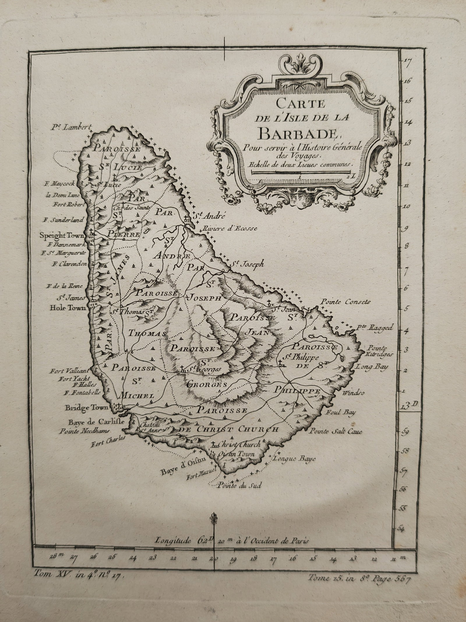 Jacques-Nicolas Bellin – Map of the Island of Barbados – Caribbean – Engraving (18th Century): "Map of the Island of Barbados" depicts a historical cartographic representation of the Caribbean island showing parish boundaries, coastal fortifications, anchorages, and settlements. The eighteenth-