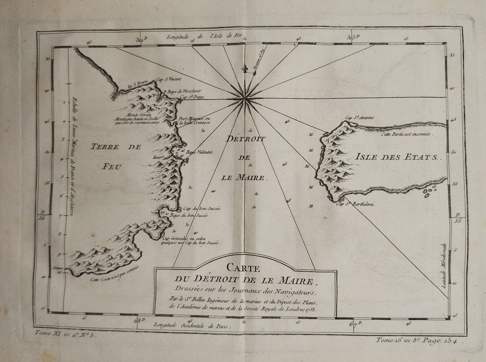 Jacques-Nicolas Bellin – Map of the Le Maire Strait – South America – Engraving (1753): "Map of the Le Maire Strait" depicts a historical cartographic navigation chart showing the maritime passage between Tierra del Fuego and Staten Island at the southern tip of South America. The eighte