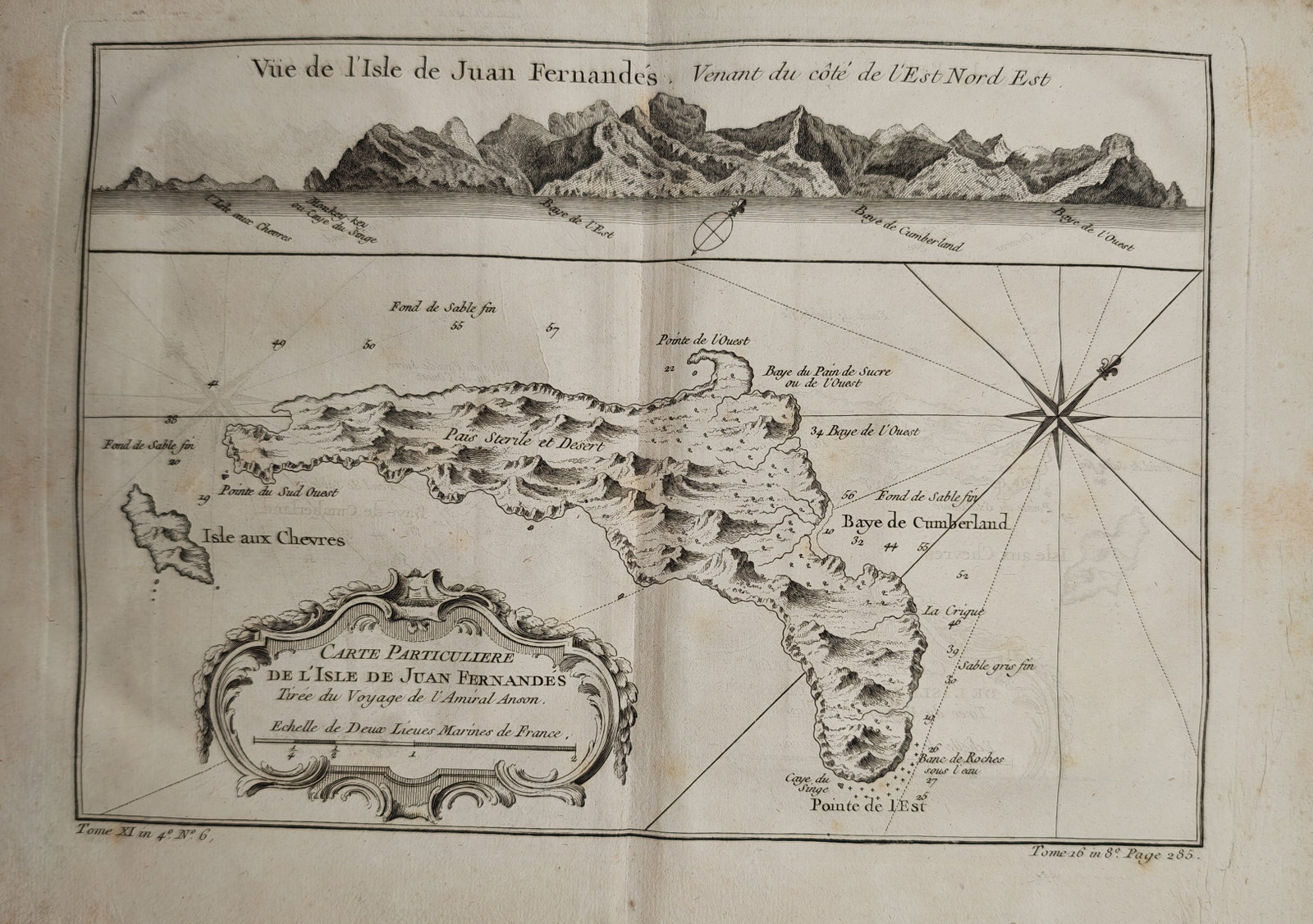 Jacques-Nicolas Bellin – Map of Juan Fernández Island – South America – Engraving (18th: "Particular Map of the Island of Juan Fernández" depicts a historical cartographic navigation chart showing the Chilean Pacific island alongside a panoramic coastal profile view, anchorages, and naut
