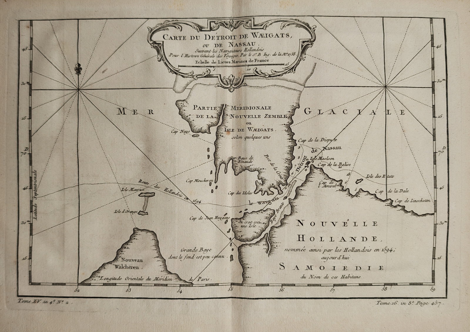 Jacques-Nicolas Bellin – Map of the Strait of Waigatz or Nassau – Arctic Russia – Engraving: "Map of the Strait of Weigats or Nassau" depicts a historical Arctic navigation chart showing the passage between the southern tip of Novaya Zemlya, Vaygach Island, and the Russian mainland (Samoiedie