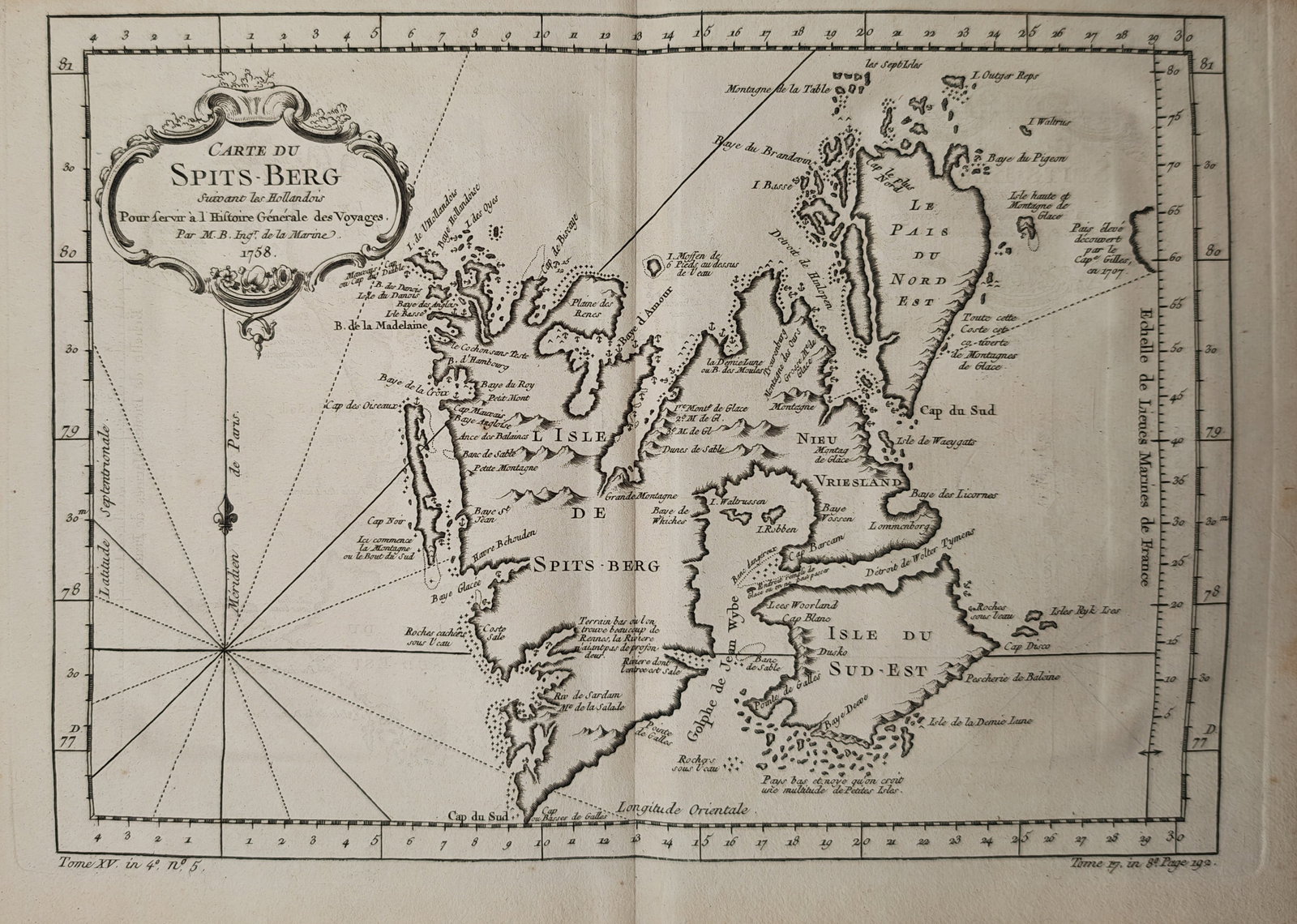 Jacques-Nicolas Bellin – Map of Spitsbergen – Svalbard / Arctic Norway – Engraving (1758): "Map of Spitsbergen" depicts a historical Arctic navigation chart showing the Svalbard archipelago, including Spitsbergen, Nordaustlandet, and neighboring islands based on Dutch navigators' surveys. T