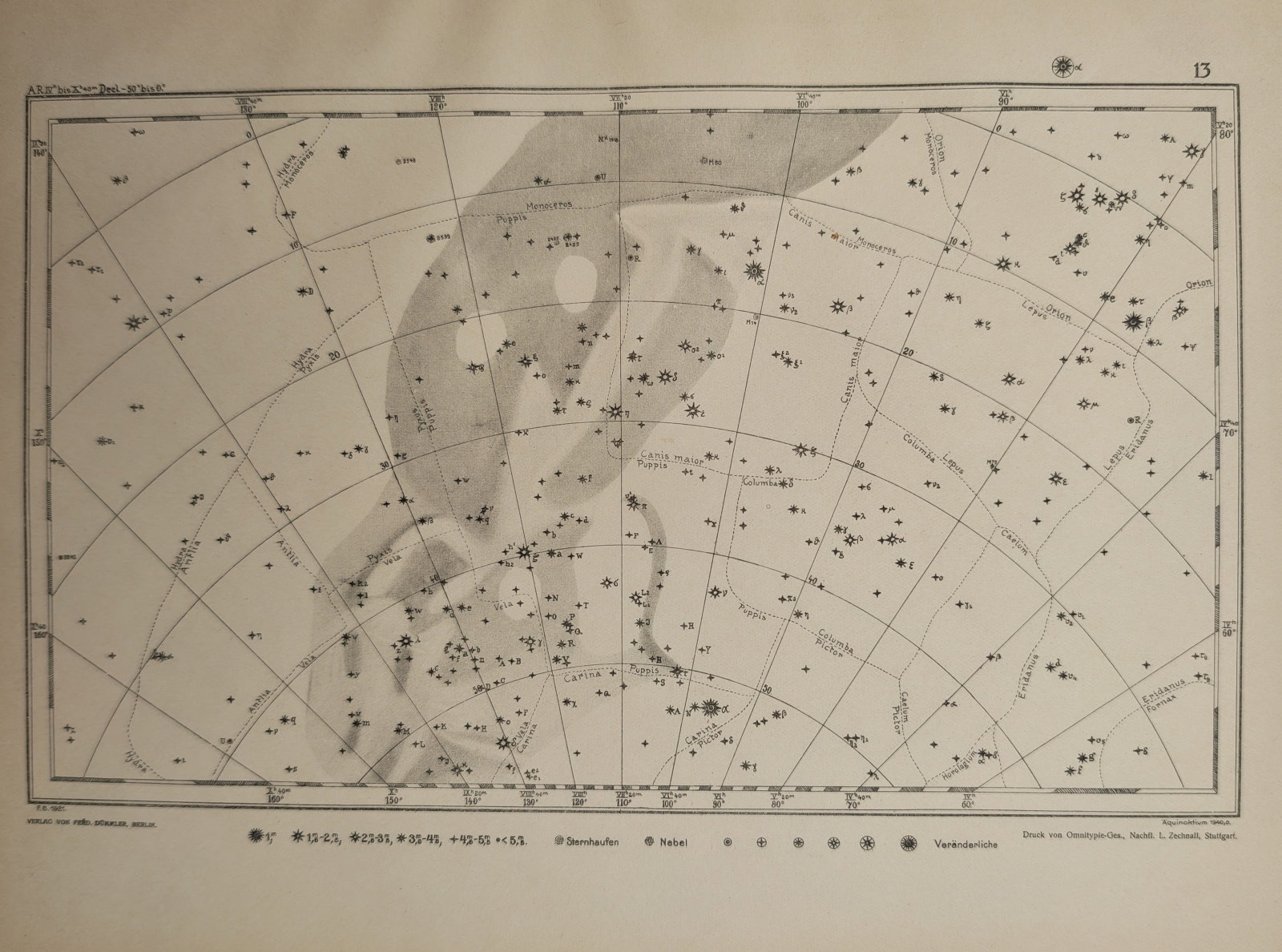 Julius Hoffmann Verlag – Map of the Milky Way – Celestial Sky – Lithograph (19th Century): "The Milky Way" presents an intricate astronomical segment mapping out major stellar groupings against the dense path of the galactic cluster. This map originates from an astronomical atlas published 