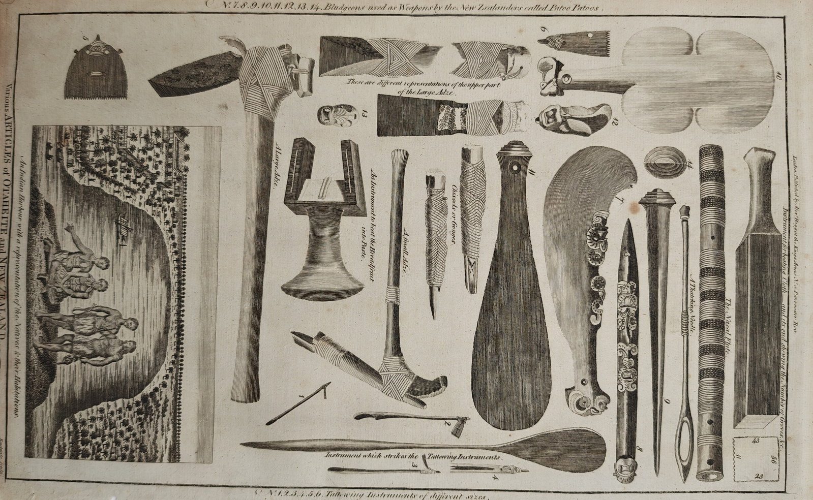 Alexander Hogg – Weapons and Implements of Tahiti and New Zealand – Engraving (18th Century) (1 of 2)