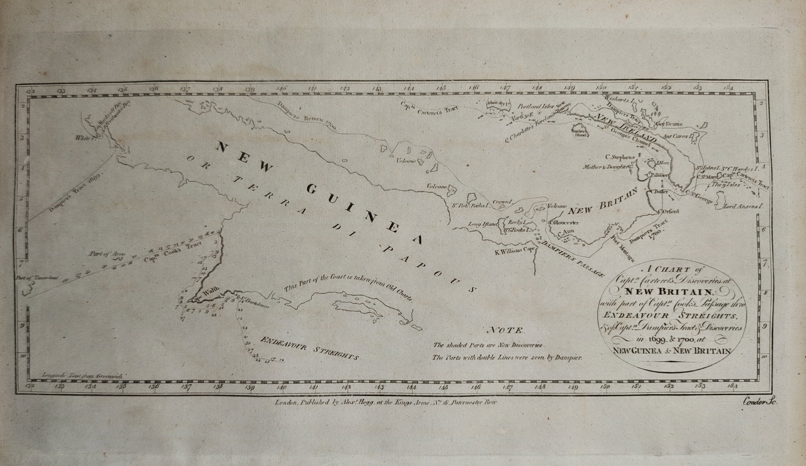 Alexander Hogg – Map of New Guinea and New Britain – Oceania – Engraving (18th Century): "Map of New Guinea and New Britain" provides a detailed hydrographic chart documenting coastal discoveries, navigational tracks, and geographic soundings throughout the waters surrounding New Guinea a