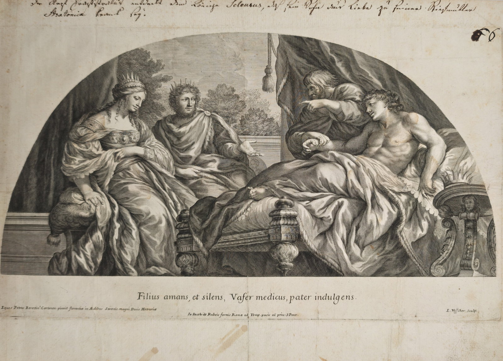 Lambert Visscher – Antiochus and Stratonice – Engraving (17th Century): "Filius Amans, et Silens, Vafer Medicus, Pater Indulgens" captures a classical scene depicting Antiochus suffering in bed from love for his stepmother Stratonice, while the court physician Erasistratu