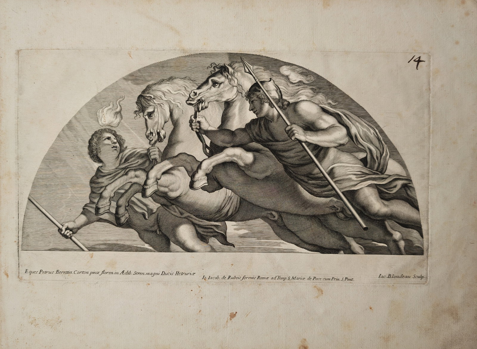 Jacques Blondeau – Classical Scene with Rearing Horses – Engraving (17th Century): "Classical Scene with Rearing Horses" presents a dynamic Baroque narrative within a lunette border capturing a spear-wielding warrior astride a pair of powerful, muscular horses leaping through dramat