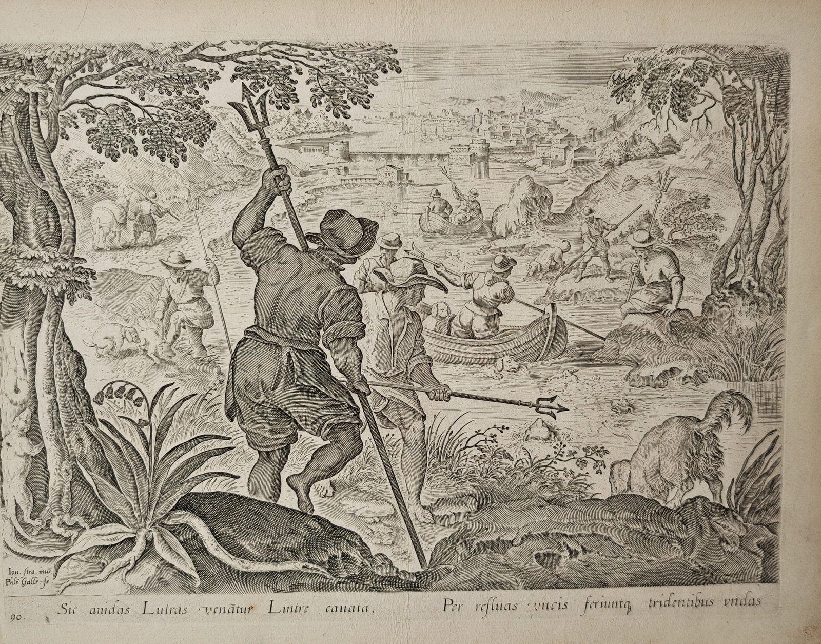Jan van der Straet – Otter Hunt with Tridents – Engraving (16th Century): "Otter Hunt with Tridents" illustrates a dynamic riverine hunting expedition where multiple figures equipped with spears and tridents track otters along a winding waterway. The Mannerist landscape sho