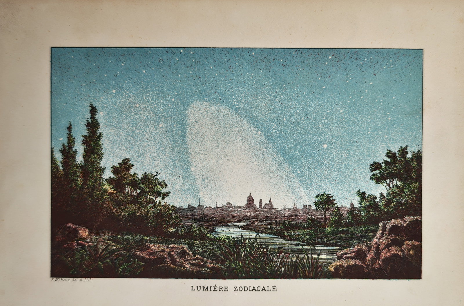 Amédée Guillemin – Zodiacal Light – Lithograph (19th Century): "Zodiacal Light" captures a striking atmospheric phenomenon featuring a luminous cone of soft white light stretching upward into a starry night sky above a distant city skyline. The romantic landscape
