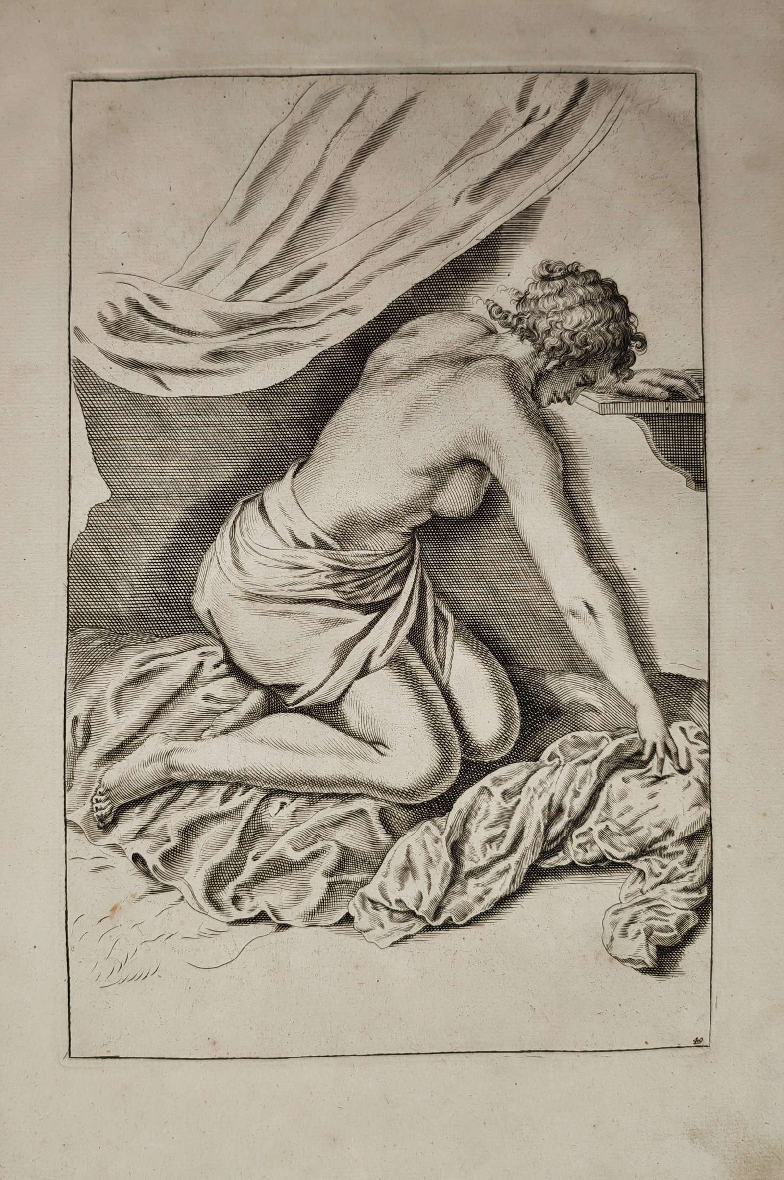 Frederik de Wit – Penitent Mary Magdalene – Engraving (17th Century): "Penitent Mary Magdalene" features a classical academic study depicting a partially draped female figure in a posture of mourning and spiritual reflection. The elegant composition showcases fine linea