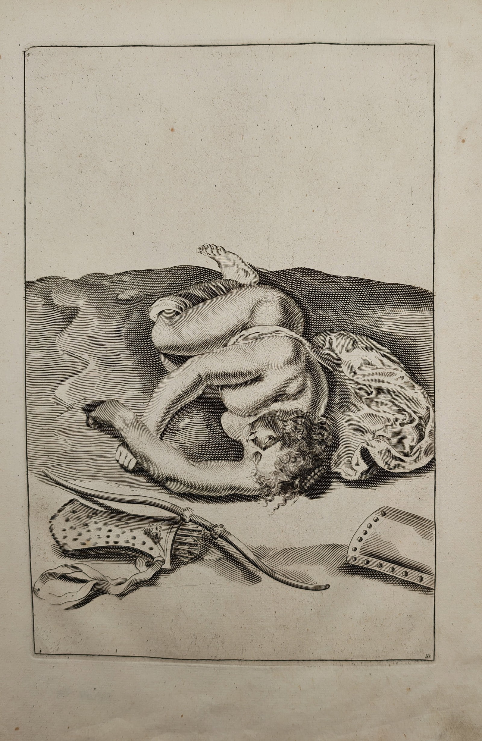 Frederik de Wit – Reclining Nude with Bow and Quiver – Engraving (17th Century): "Reclining Nude with Bow and Quiver" presents a classical academic figure study portraying a foreshortened female form resting upon a rocky ground alongside hunting gear. The complex composition serve