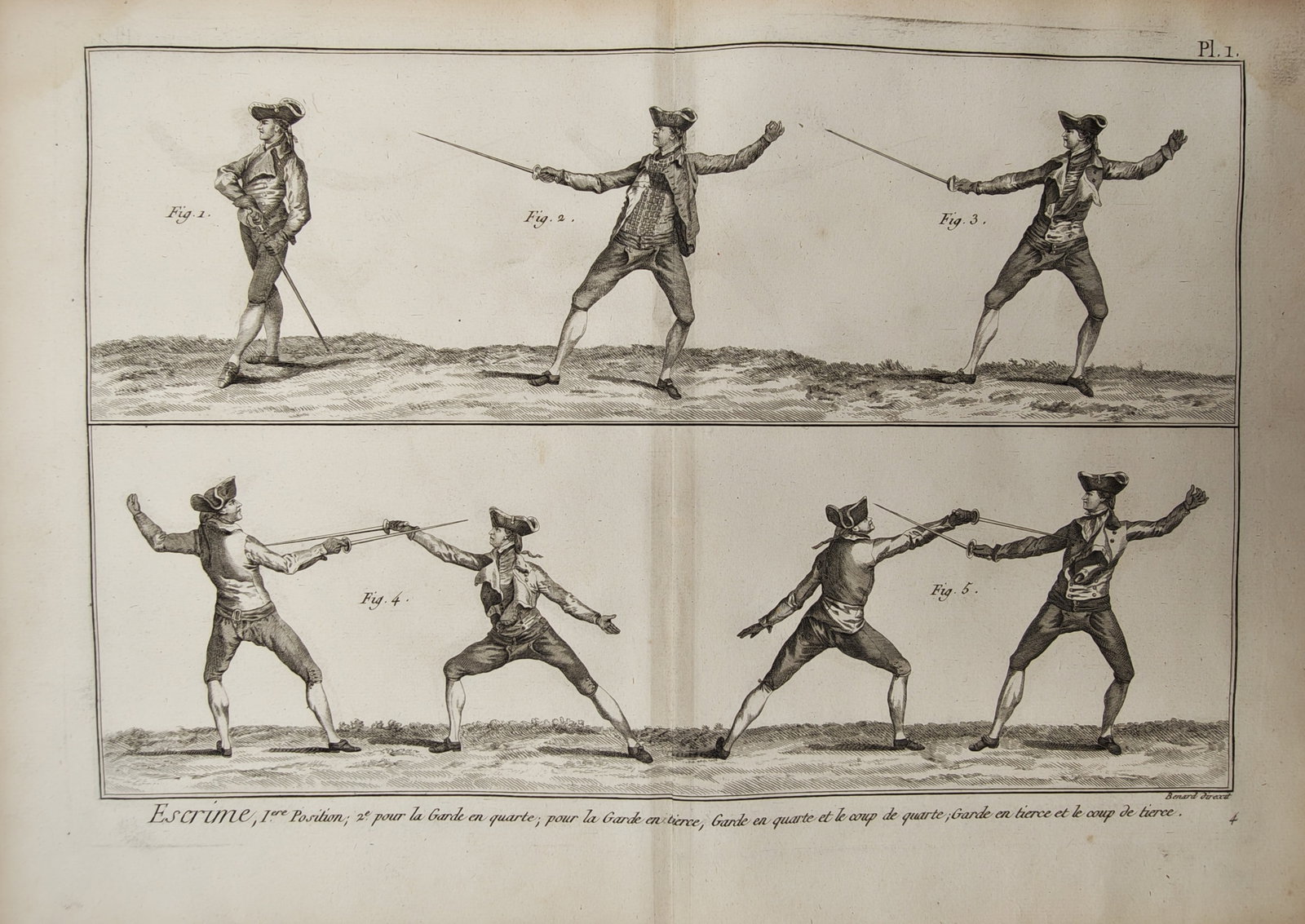 Robert Bénard – Fencing Positions and Thrusts in Quarte and Tierce – Engraving (18th Century) (1 of 2)