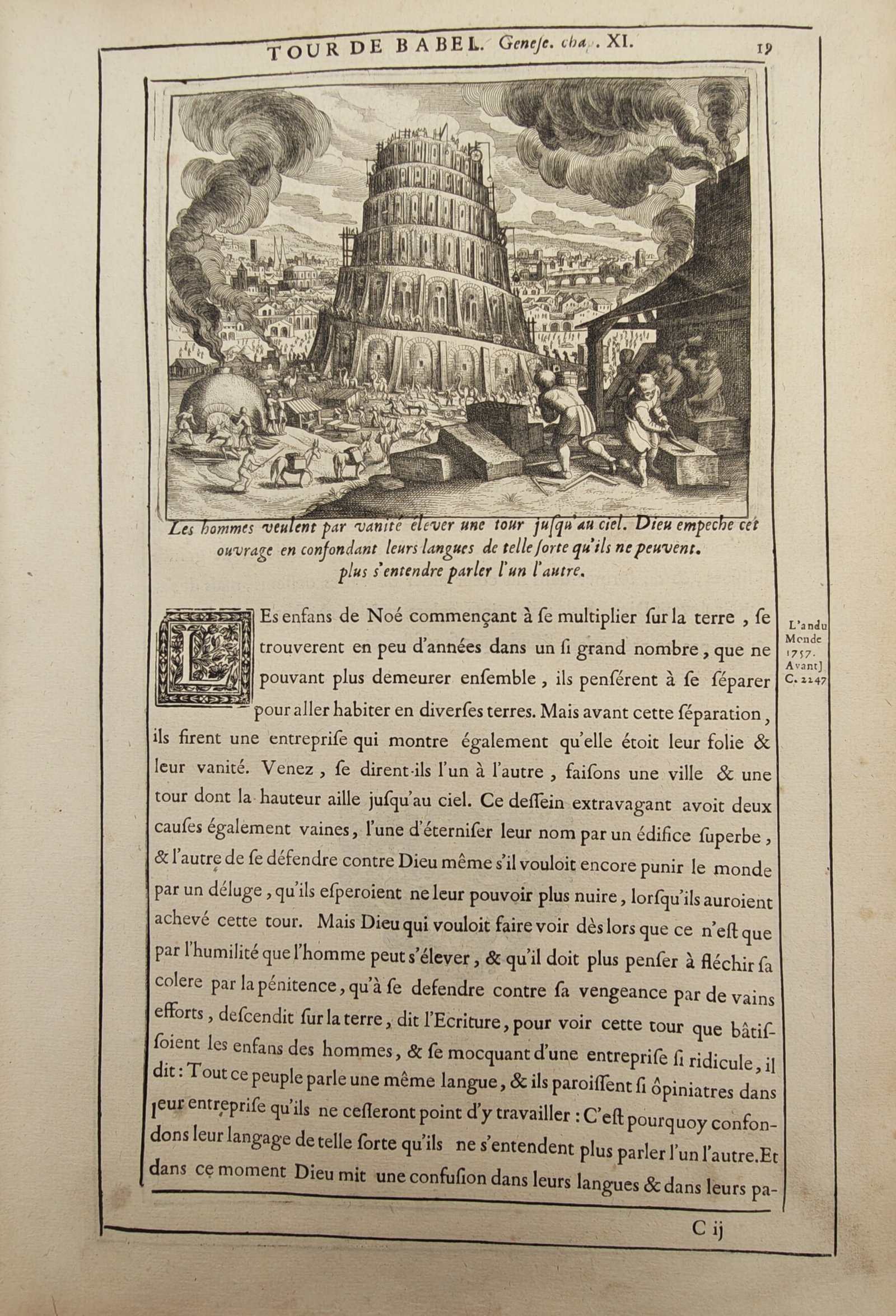 Nicolas Fontaine – Biblical Scene of the Tower of Babel – Engraving (17th Century) (1 of 2)