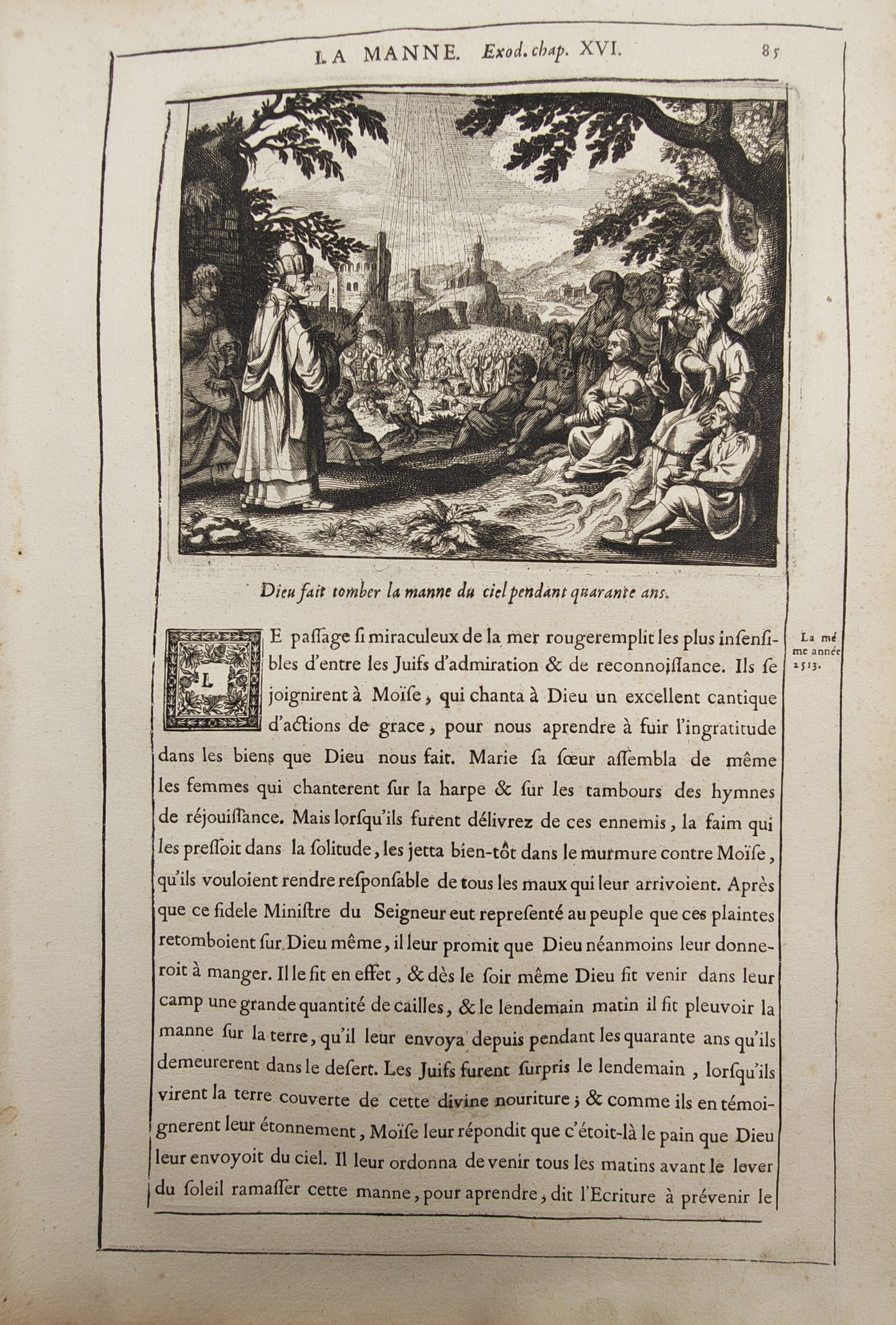 Nicolas Fontaine – Biblical Scene of the Gathering of Manna in the Wilderness – Engraving: "The Manna" presents a dramatic Old Testament narrative illustration depicting Moses and the Israelites witnessing the miraculous fall of heavenly manna in the wilderness under a leafy grove near enca