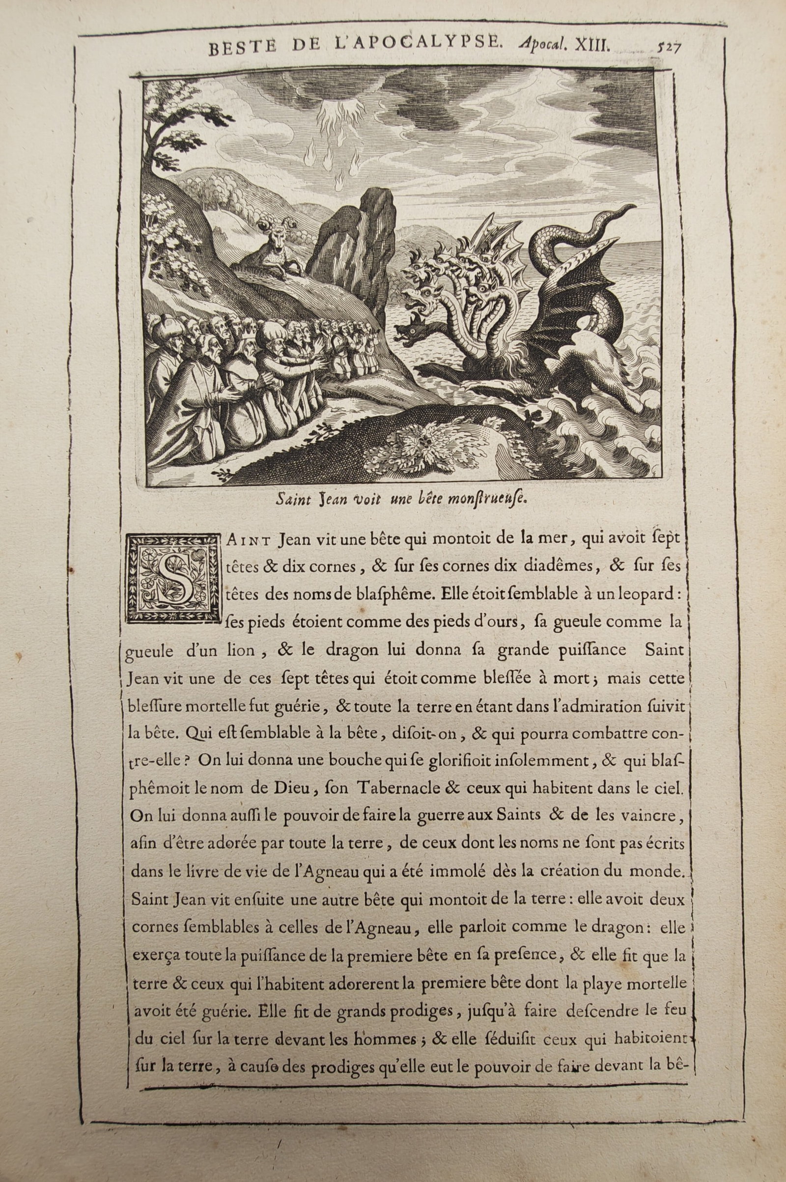 Nicolas Fontaine – Biblical Scene of the Beast of the Apocalypse – Engraving (17th Century) (1 of 2)