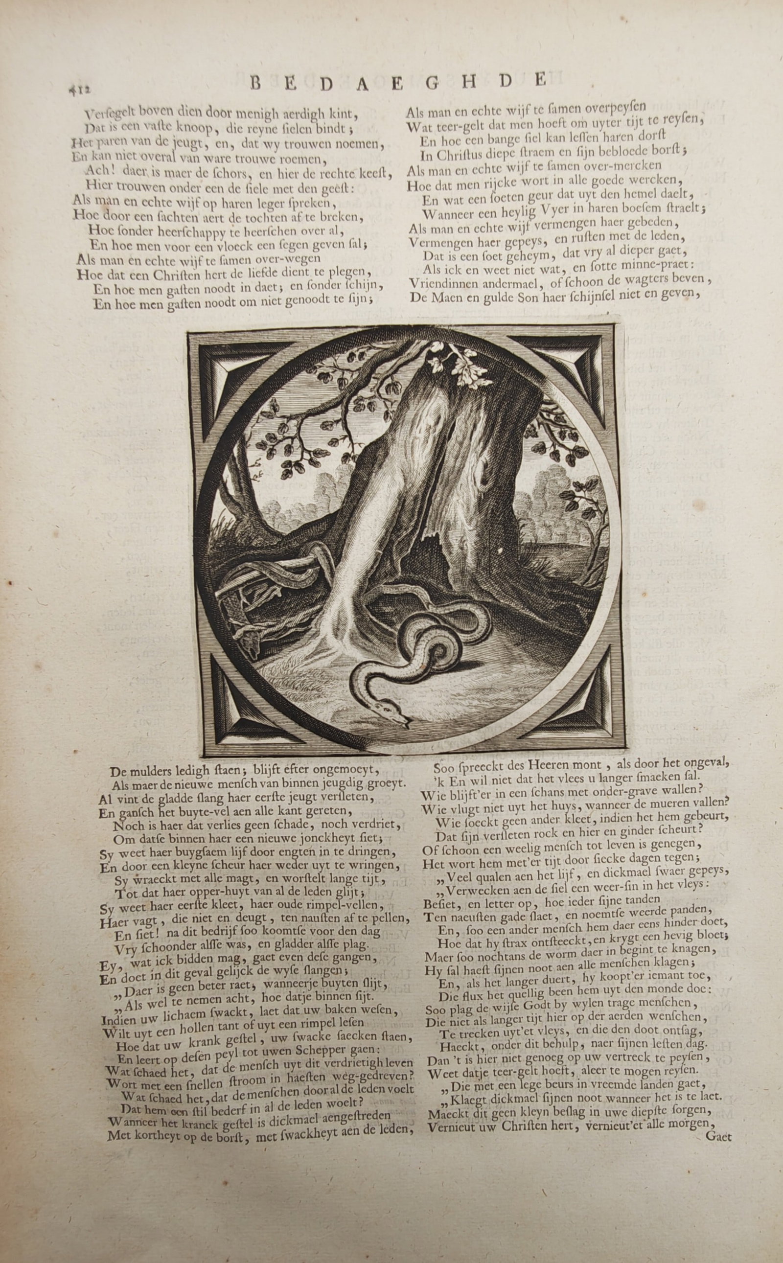 Jacob Cats – Moral Emblem of a Serpent Shedding Its Skin by a Hollow Tree – Engraving (1 of 2)