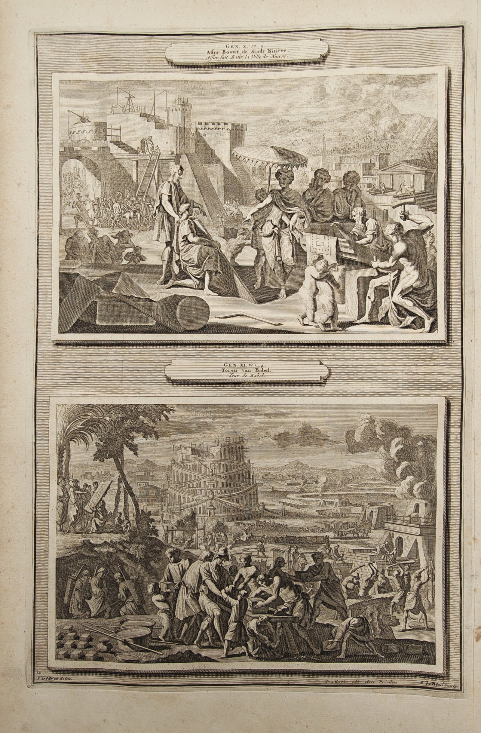 Pieter Mortier – Biblical Scenes of the Building of Babel and the Tower of Babel – Engraving (1 of 2)