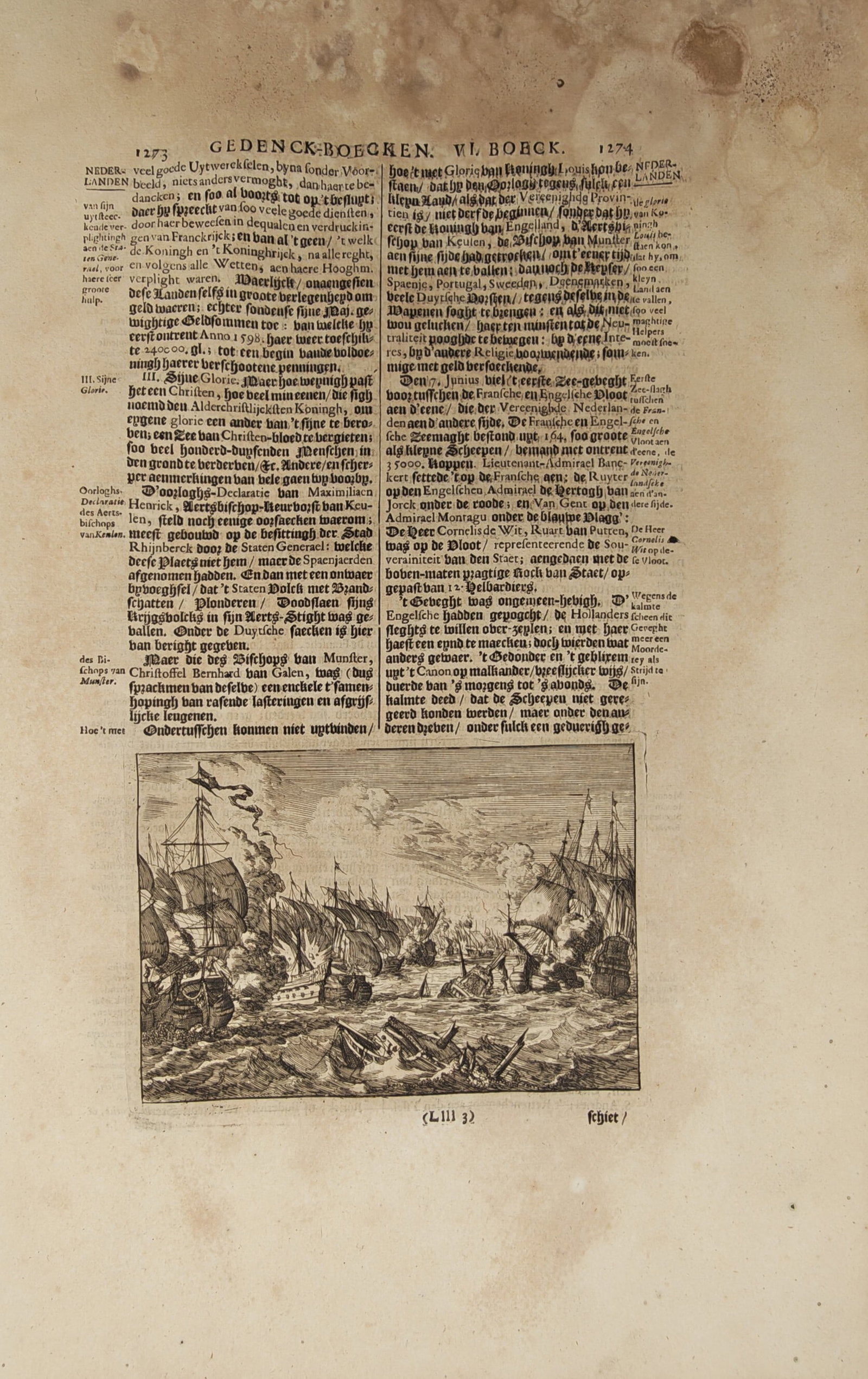 Johann Ludwig Gottfried – Historical Naval Battle with Warships in Heavy Combat – Engraving: "Memorial Book, Sixth Book" presents a dynamic seventeenth-century naval battle illustration depicting sailing warships engaged in intense close-range maritime combat with billowing smoke and sinking 