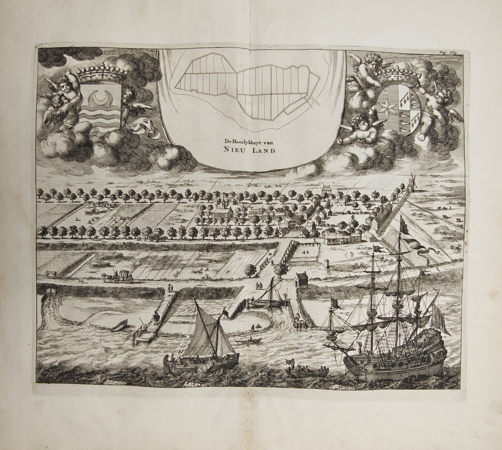 Mattheus Smallegange – Panoramic View and Cadastral Map of the Manor of Nieuwland – Engraving (1 of 2)