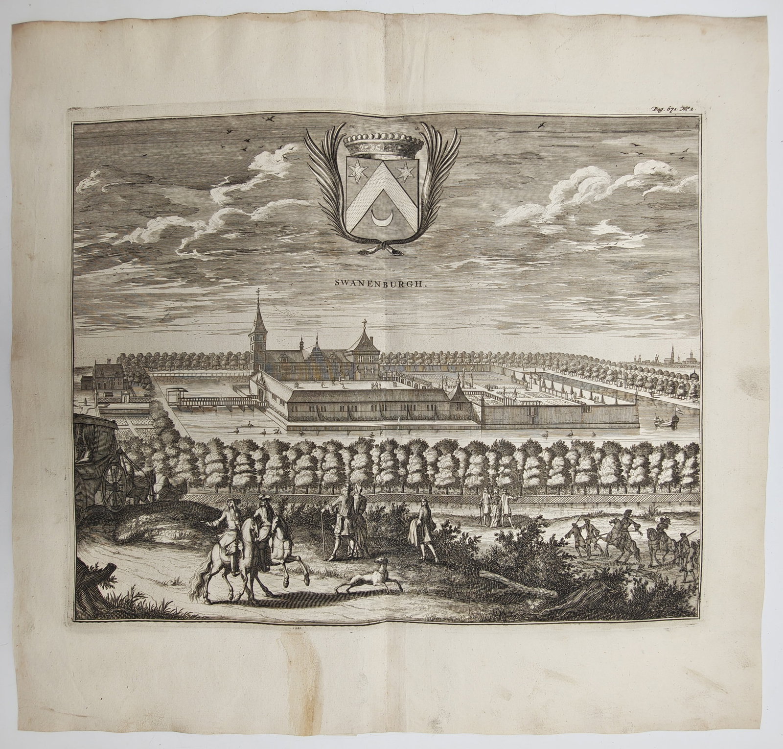 Mattheus Smallegange – View of Swanenburgh Estate – Engraving (17th Century): "Swanenburgh" portrays a sweeping panoramic view of the stately country manor surrounded by moats, landscaped grounds, and tree-lined avenues. The composition illustrates noble estate life and sevente