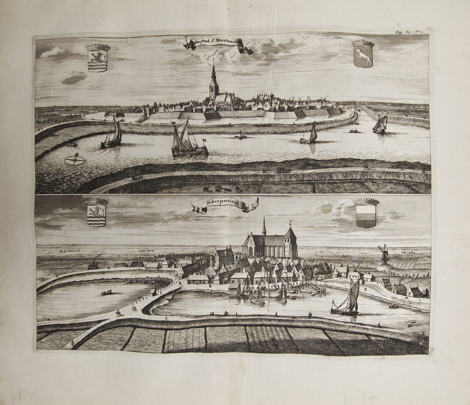 Mattheus Smallegange – Panoramic Views of Sint-Maartensdijk and Scherpenisse – Engraving: "The City of Sint-Maartensdijk; Scherpenisse" presents dual panoramic views illustrating the historic Dutch coastal settlements with their prominent churches, surrounding dikes, windmills, harbor basi