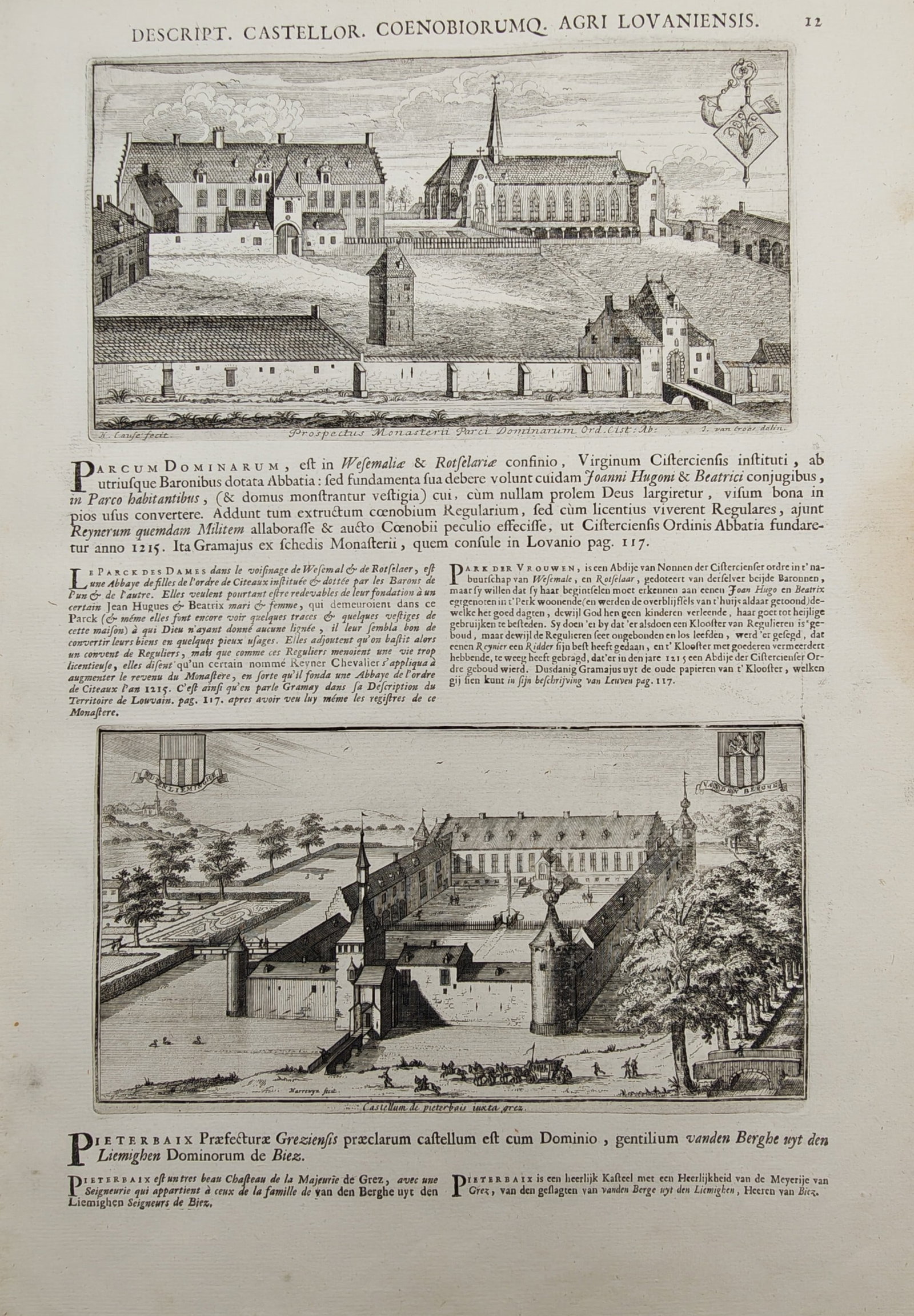 Jacques Le Roy – Topographical Views of Park Abbey and the Castle of Pieterbaix – Engraving: "Description of Castles and Monasteries in the Country of Leuven" presents two topographical views illustrating the historic abbey complex of Parcum Dominarum and the fortified manor and grounds of th
