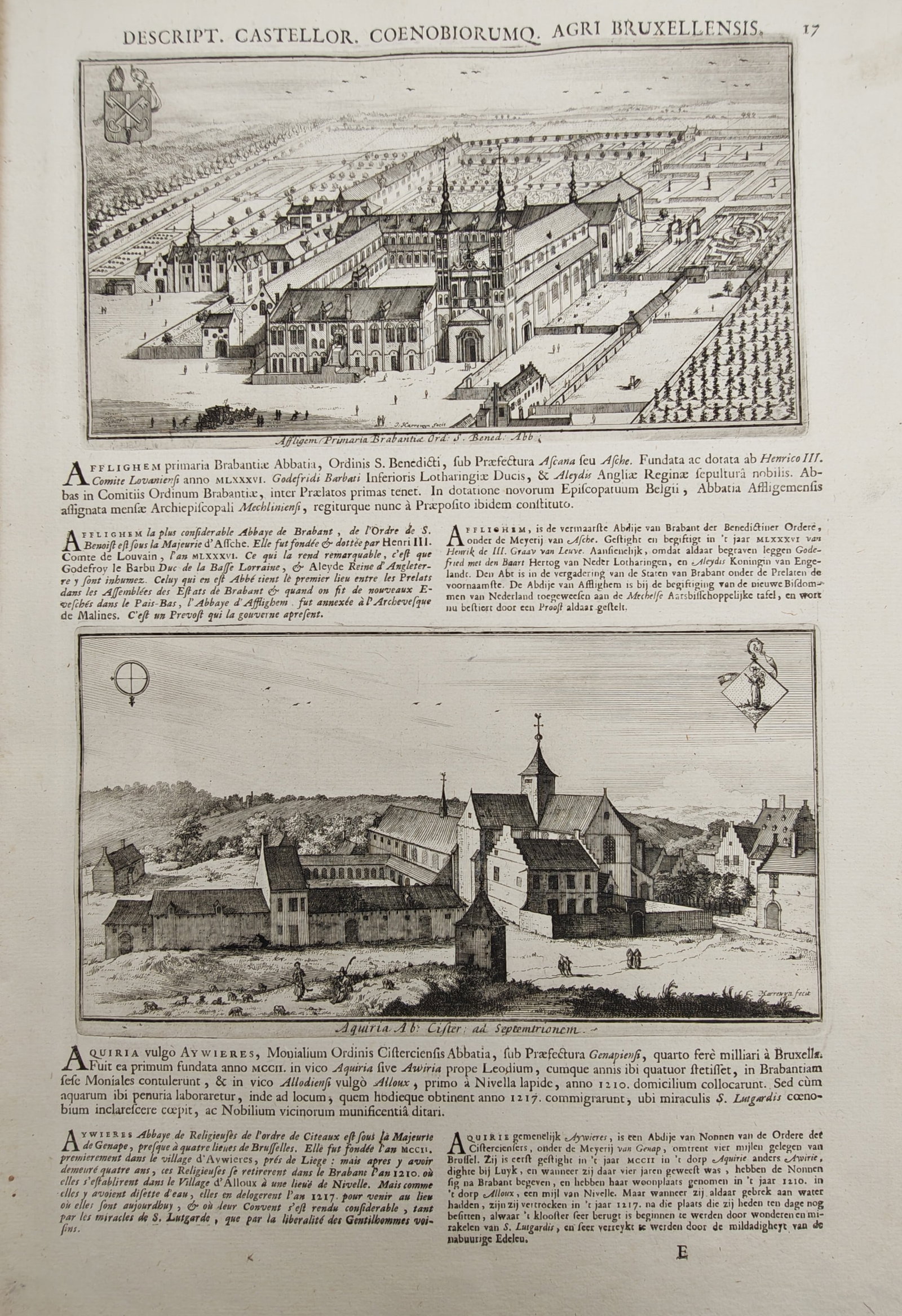 Jacques Le Roy – Topographical Views of Affligem Abbey and Aywieres Abbey – Engraving (1 of 2)